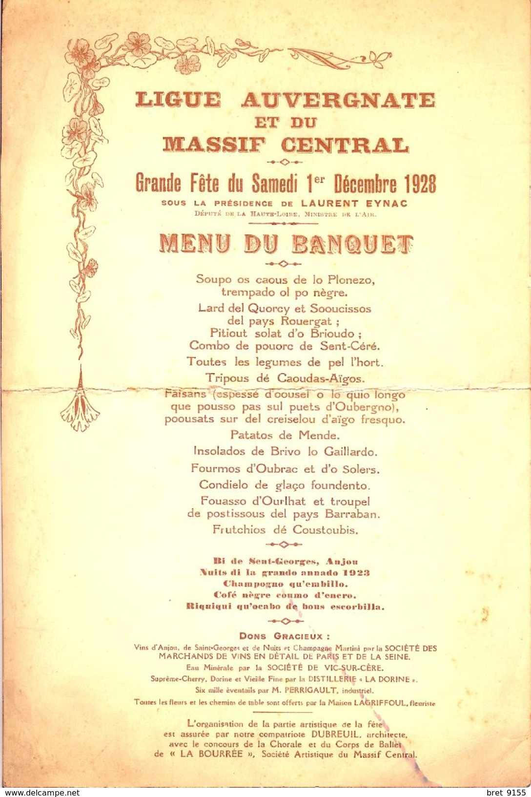 MENU LIGUE AUVERGNATE 1928 DESSIN DE VICTOR FONFREIDE - EXCEPTIONNEL - Menus