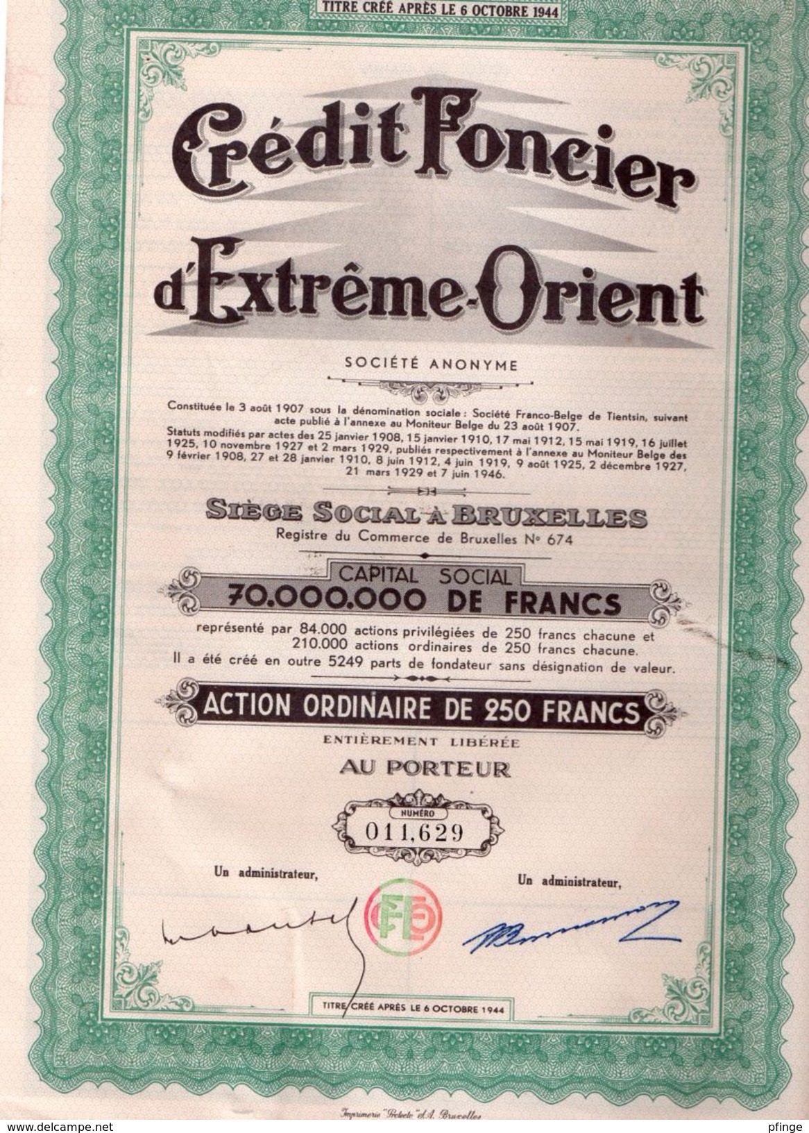 Crédit Foncier D'Extrême-Orient - Action Ordinaire De 250 Francs, - Banque & Assurance