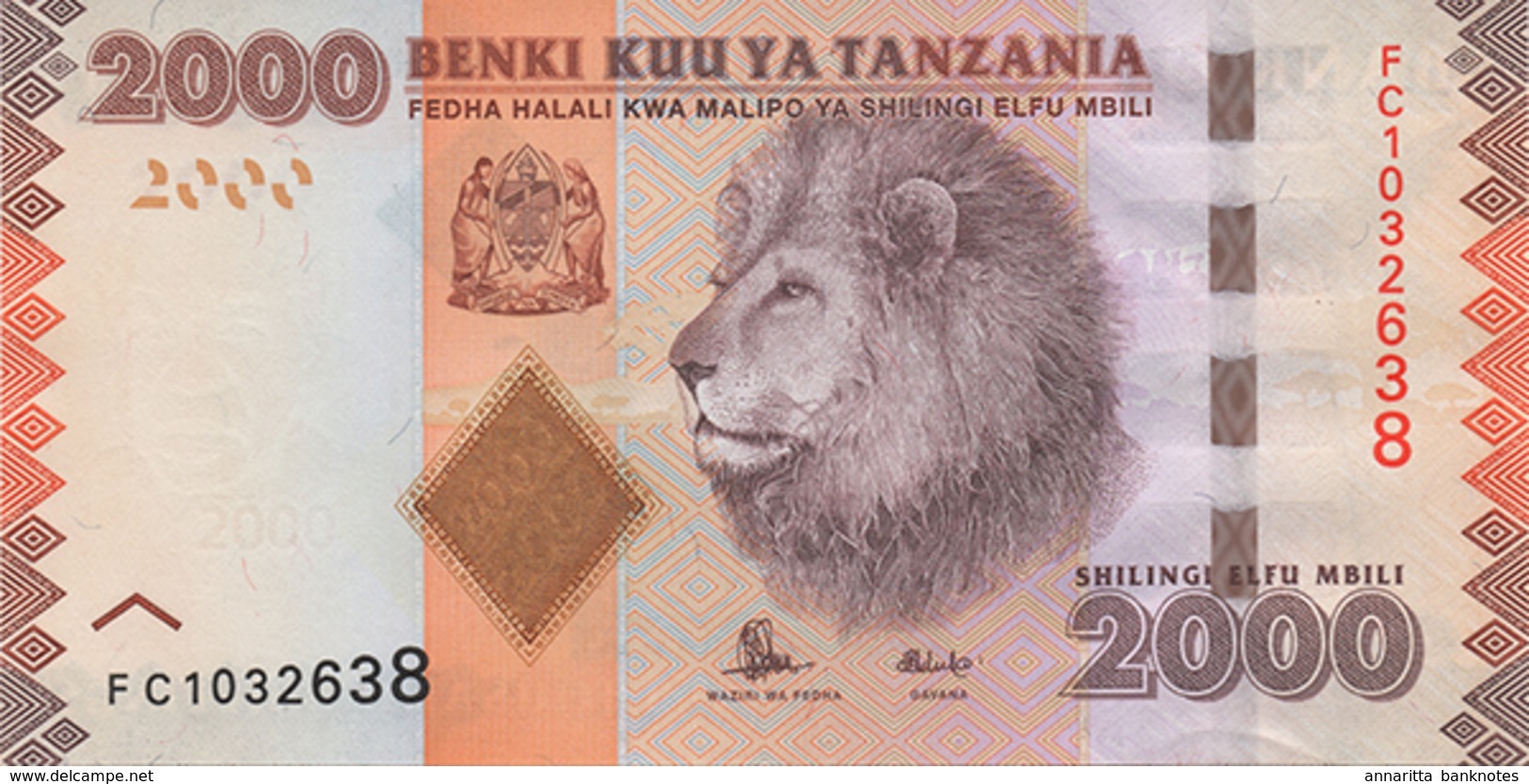 TANZANIA 2000 SHILLINGS ND (2015) P-42b UNC SIGN. UNKNOWN & NDULU [TZ141b] - Tanzanie