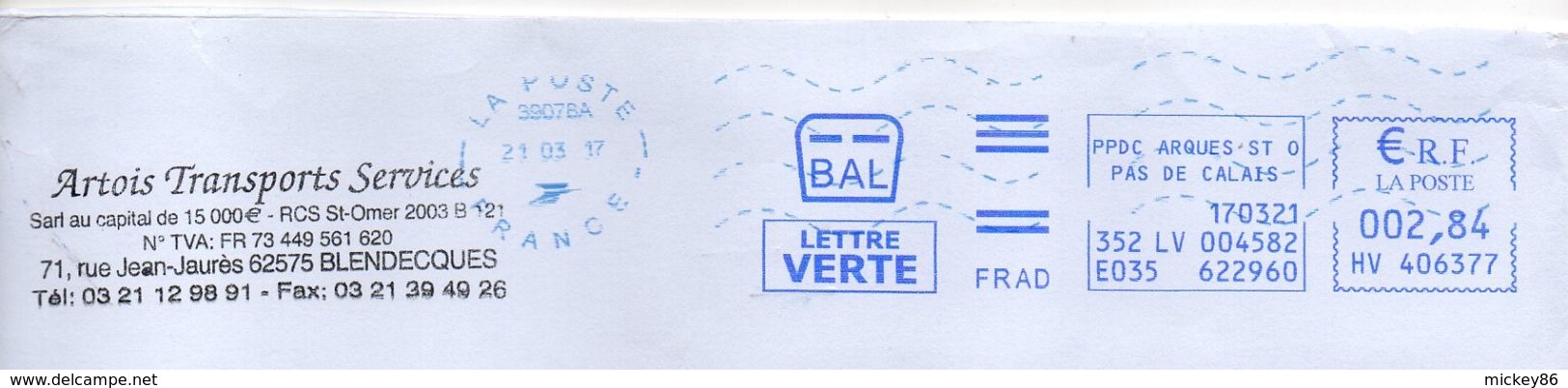 2017--EMA  PPDC Arques-62 --BAL--FRAD -Lettre Verte---2.84 Euros---machine N° HV 406377 + Cachet Néopost - EMA (Empreintes Machines à Affranchir)