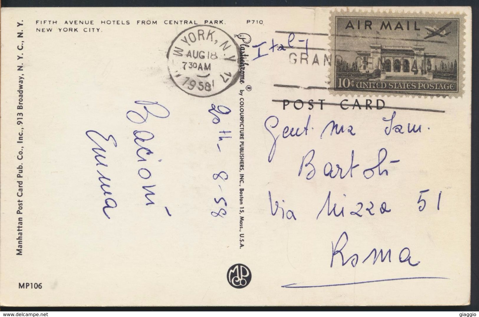 °°° 7793 - NY - NEW YORK - FIFTH AVENUE HOTELS FROM CENTRAL PARK - 1958 With Stamps °°° - Parks & Gardens