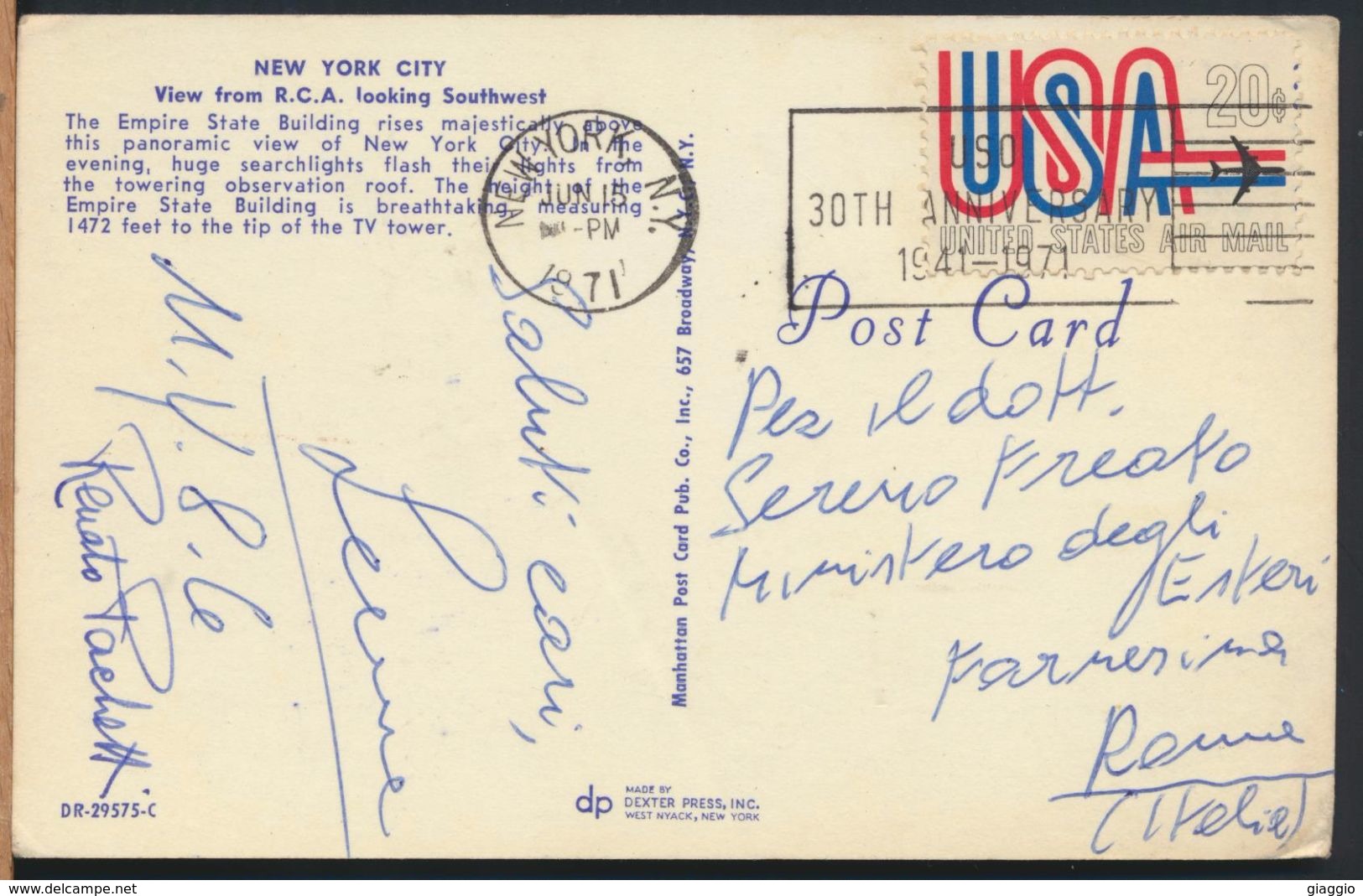 °°° 7813 - NY - NEW YORK - VIEW FROM R.C.A. LOOKING SOUTHWEST - 1971 With Stamps °°° - Multi-vues, Vues Panoramiques