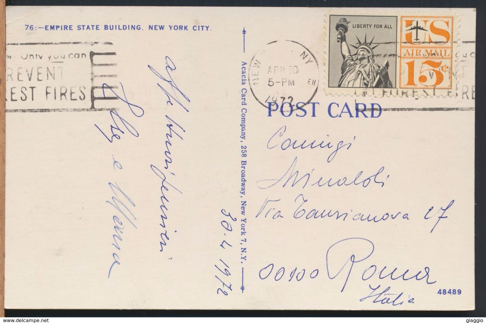 °°° 7818 - NY - NEW YORK - EMPIRE STATE BUILDING - 1972 With Stamps °°° - Empire State Building