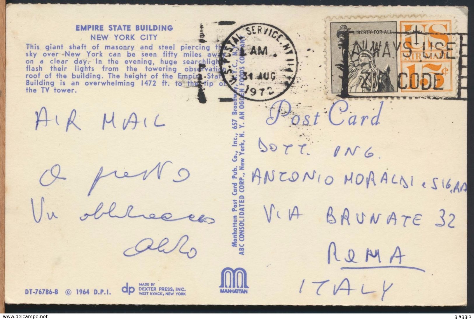 °°° 7822 - NY - NEW YORK - EMPIRE STATE BUILDING - 1972 With Stamps °°° - Empire State Building