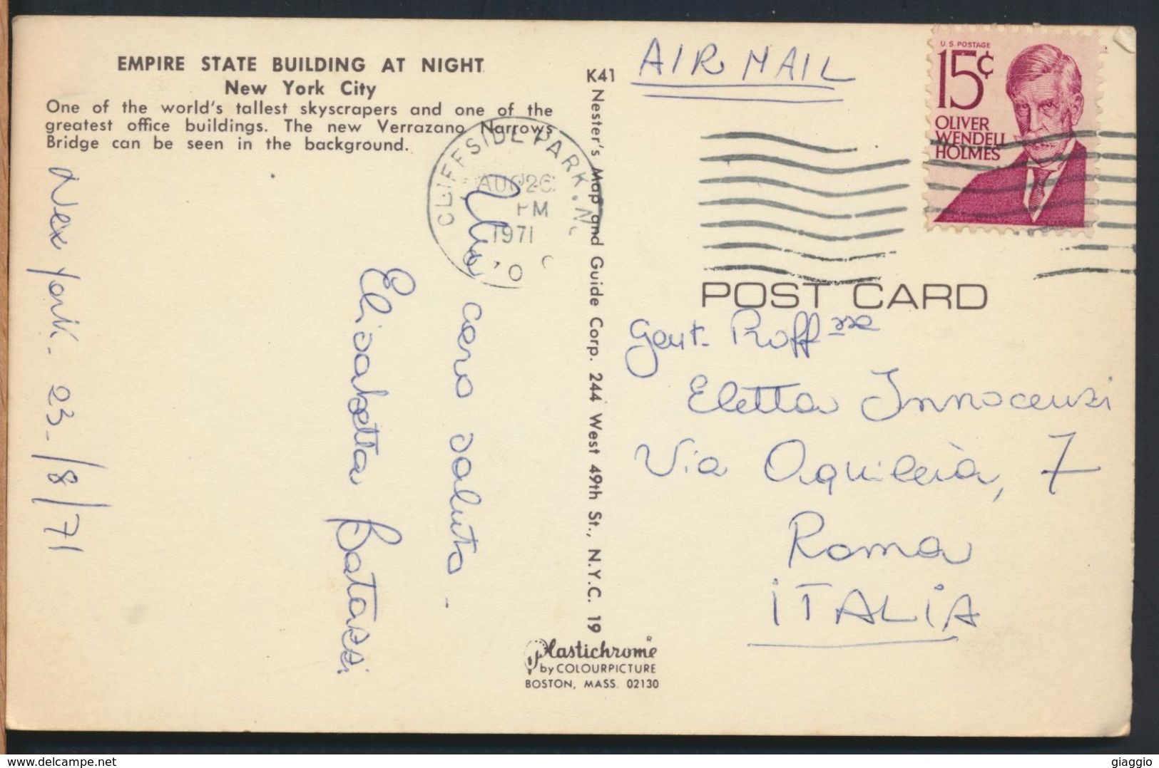 °°° 7823 - NY - NEW YORK - EMPIRE STATE BUILDING - 1971 With Stamps °°° - Empire State Building