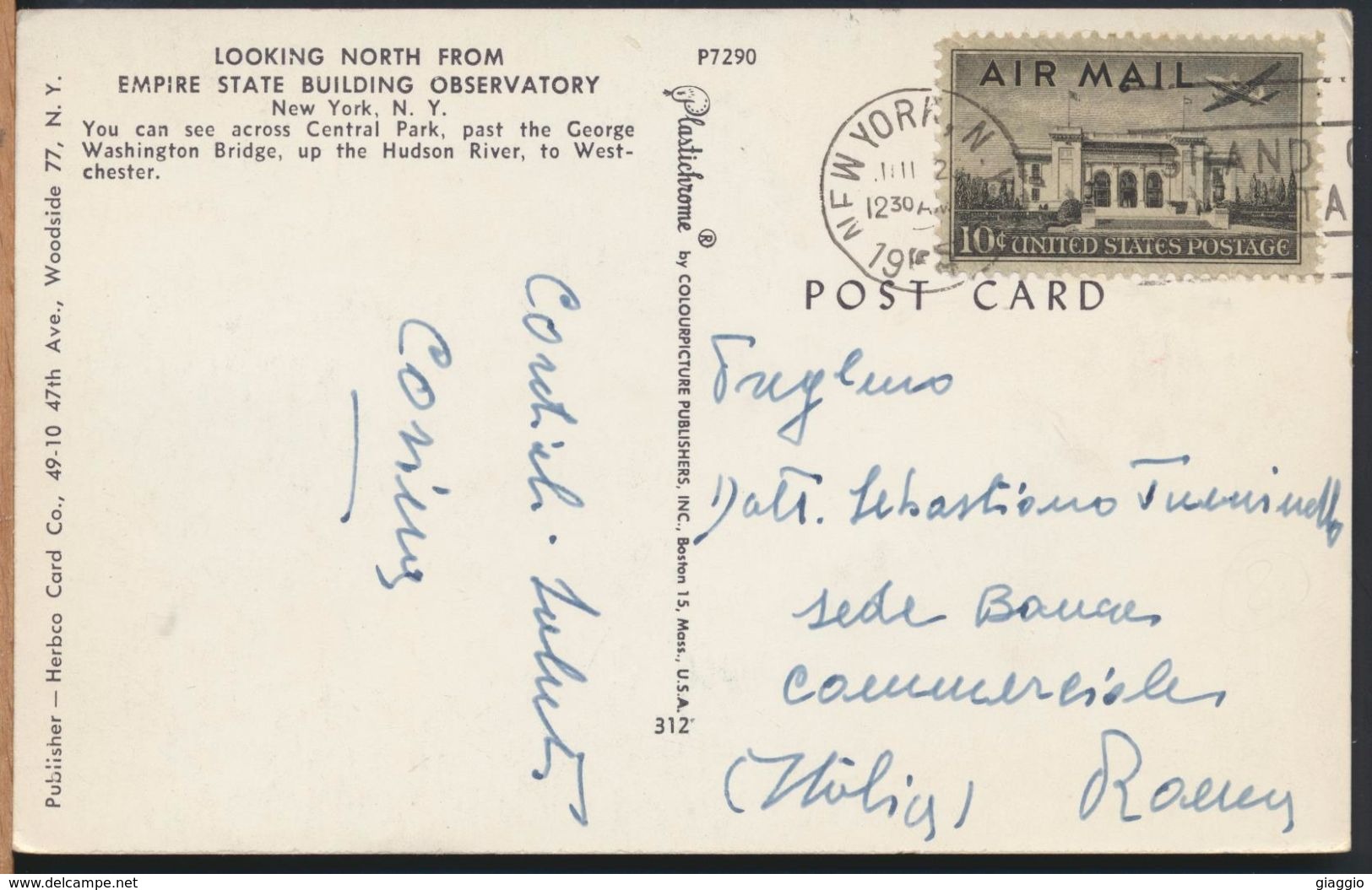 °°° 7828 - NY - NEW YORK - EMPIRE STATE BUILDING OBSERVATORY - 1956 With Stamps °°° - Empire State Building