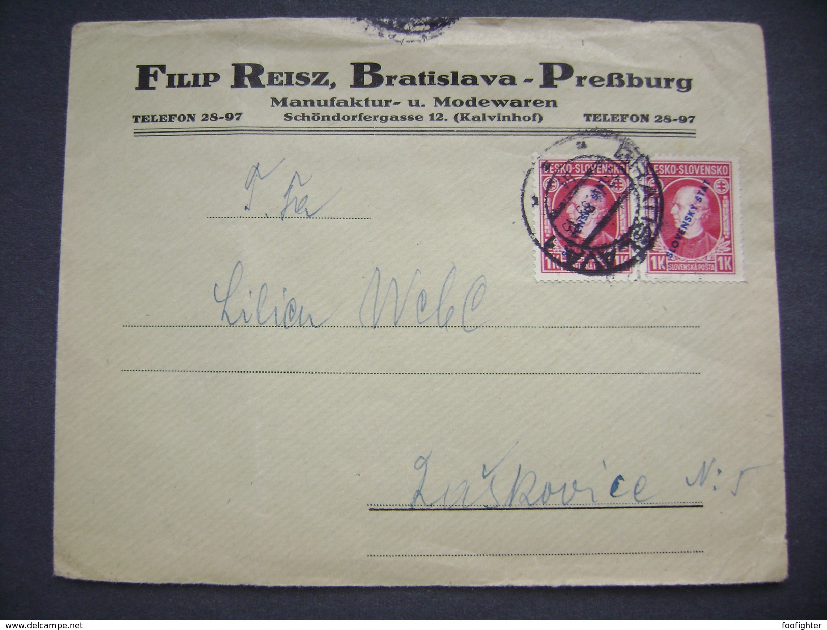 Cover Filip Reisz Bratislava Pressburg - Manufaktur U. Modewaren 1939 - Stamp Hlinka 2x 1 K. Overprint Slovesky Stat - Cartas & Documentos