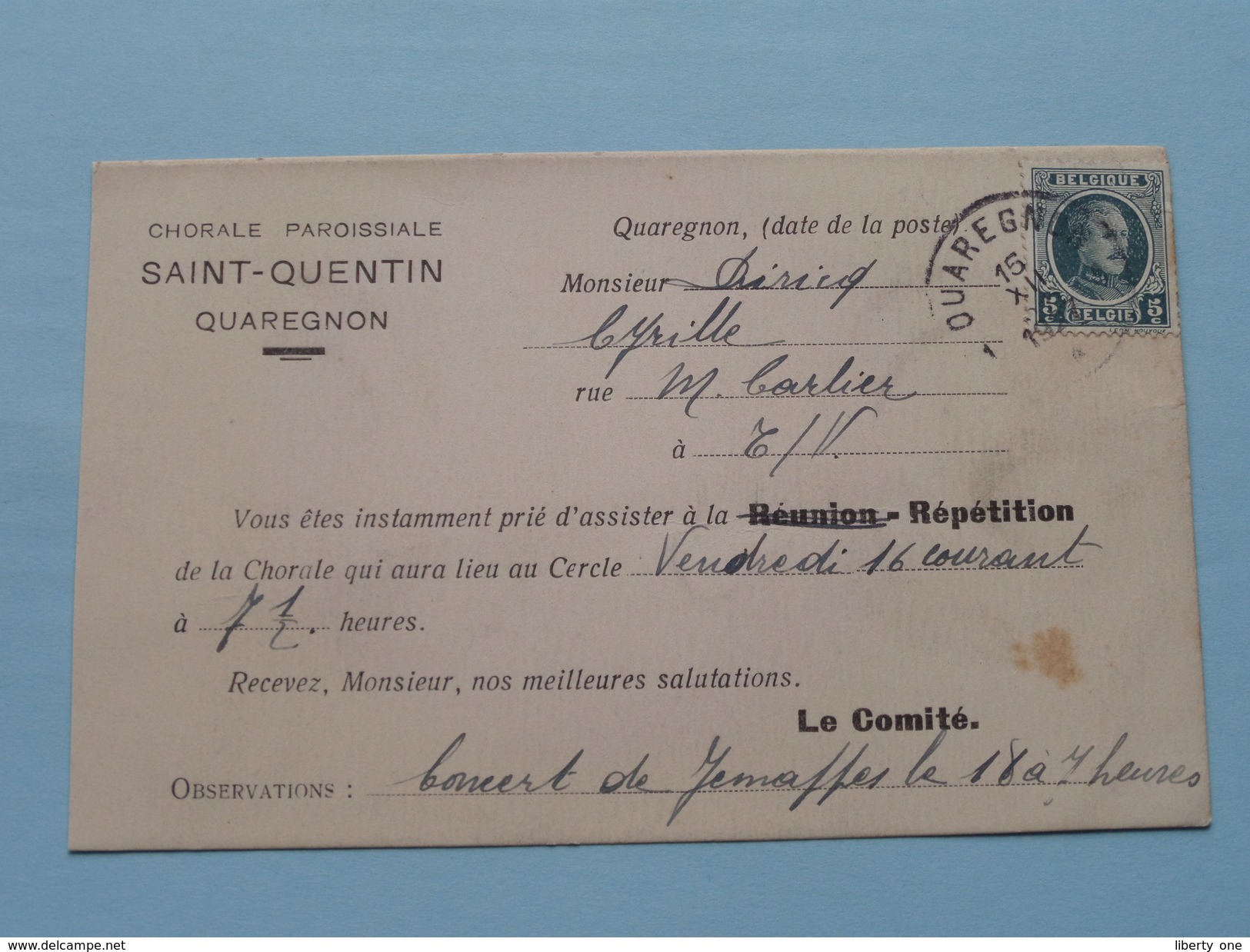 Chorale Paroissale SAINT-QUENTIN Quaregnon - Anno 1927 ( Zie/voir Foto Voor Details ) Briefkaart Coll. Depasse ! - Quaregnon