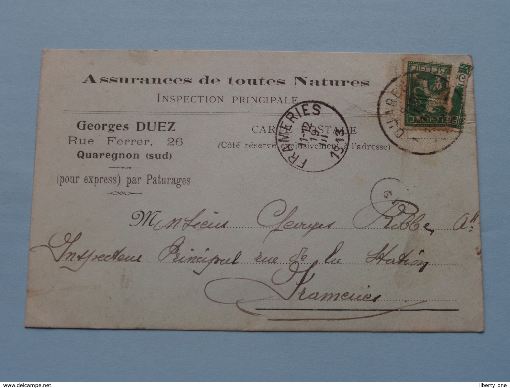 Assurances Georges DUEZ Quaregnon - Anno 1913 > Frameries ( Zie/voir Foto Voor Details ) Briefkaart / CP ! - Quaregnon