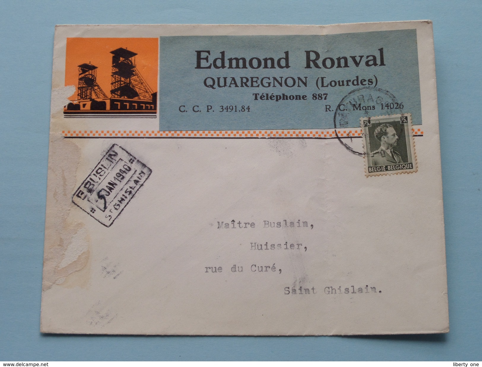 Edmond RONVAL Quaregnon (Tél 887) Anno 1940 > Huissier Saint Ghislain ( Zie/voir Foto Voor Details ) Enveloppe Plier ! - Quaregnon