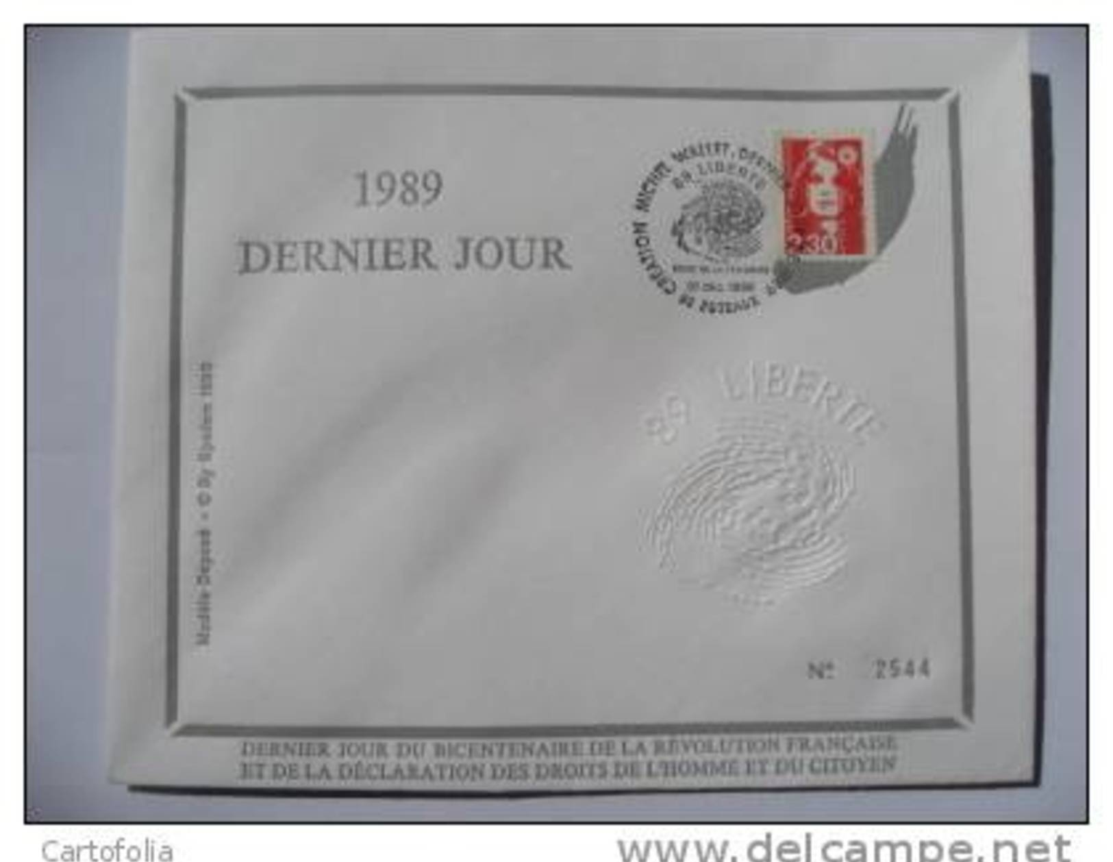 1989 FDC DERNIER JOUR Puteaux - ESSAI Inachevé (Rare) Bicentemaire Révolution Française. MARIANNE De BRIAT - 1989-1996 Marianne Du Bicentenaire