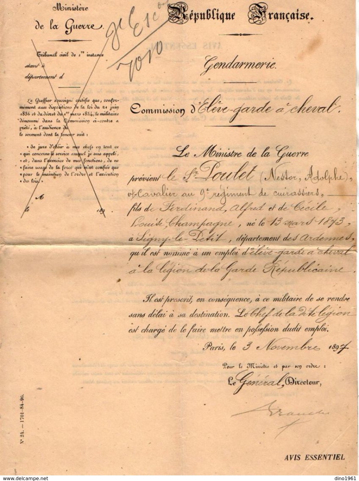 VP10.816 - PARIS 1897 - Lettre - Nommination Du Sr POULET Cavalier Au 9ème Rgt De Cuirassiers - Garde Républicaine - Police & Gendarmerie