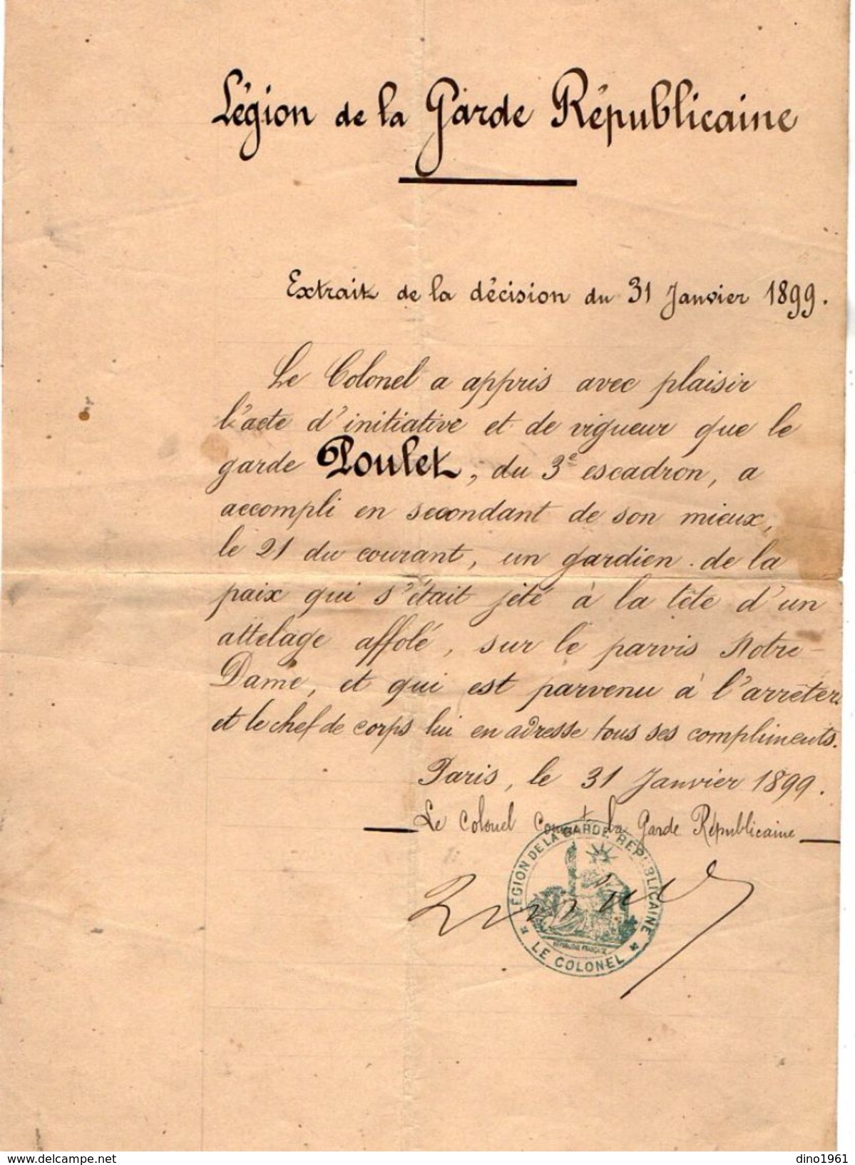 VP10.817 - PARIS 1899 - Lettre - Le Colonel De La Garde Républicaine Au Sr POULET Garde Républicain 3 ème Escadron - Polizei