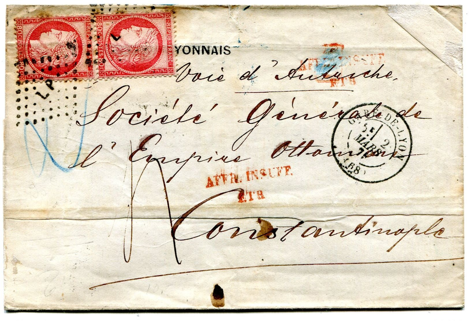 Ancien Courrier Depart GARE DE LYON "69"" Pour CONSTANTINOPLE - Collections