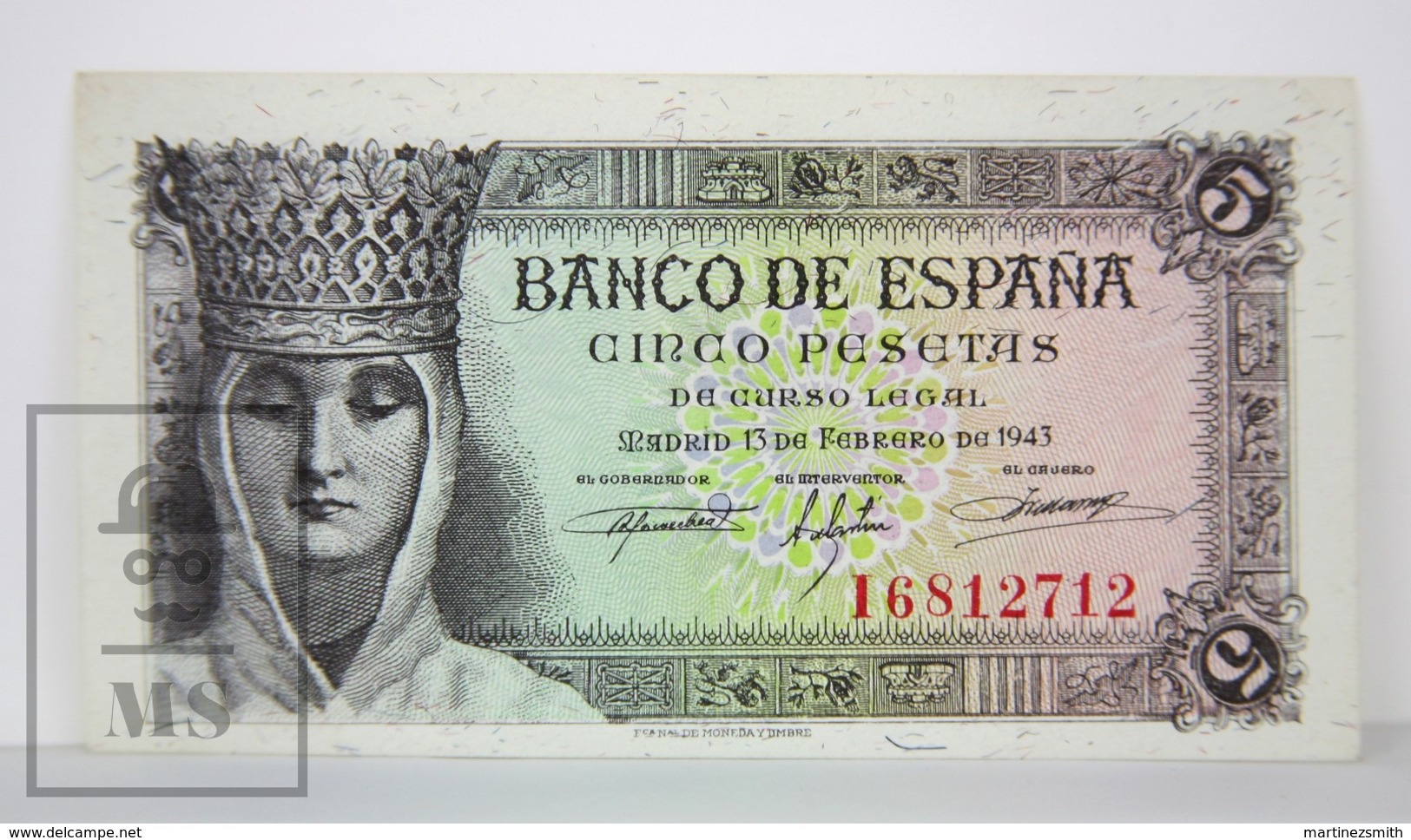 Spain/ España 5 Pesetas/ Ptas Spanish Banknote - Issued 1943, I Series - AU Quality - 1-2 Pesetas