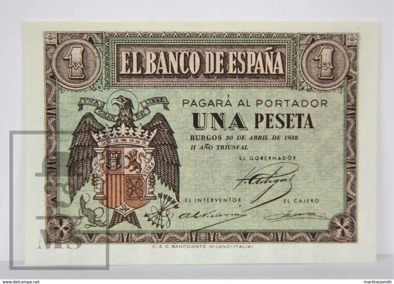 Spain/ España 1 Pesetas/ Ptas Spanish Banknote - Issued 1938, A Series - UNC Quality - 1-2 Pesetas