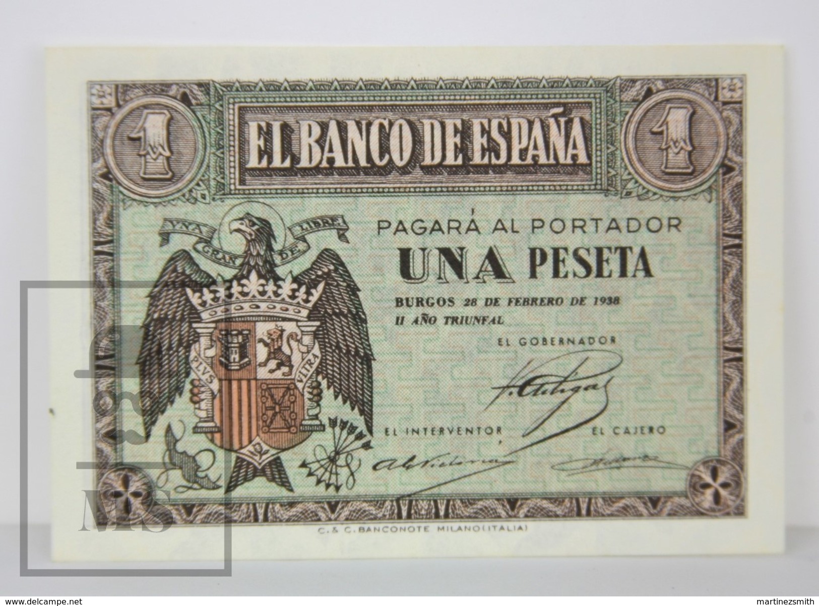 Spain/ España 1 Pesetas/ Ptas Spanish Banknote - Issued 1938, F Series - AU Quality - 1-2 Pesetas