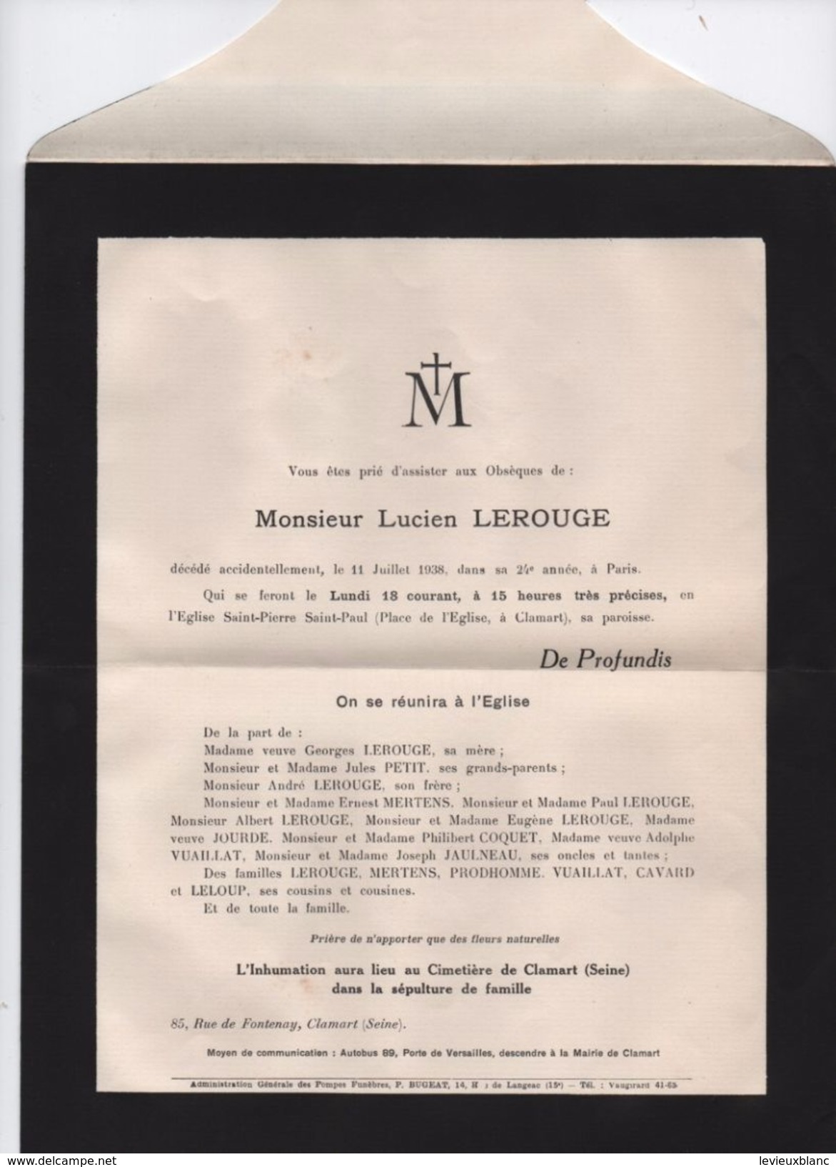 Faire-part De Décés à Deux Volets / Lucien LEROUGE/Saint Pierre-Saint Paul CLAMART/ Juillet 1938    FPD111 - Obituary Notices