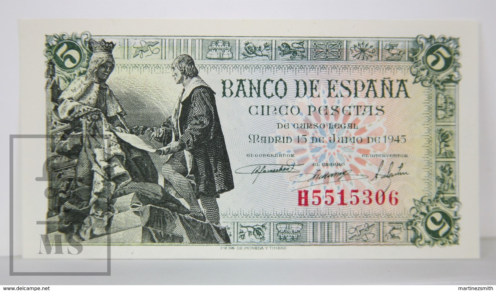 Spain/ España 5 Pesetas/ Ptas Spanish Banknote - Issued 1945, H Series - UNC Quality - 1-2 Pesetas