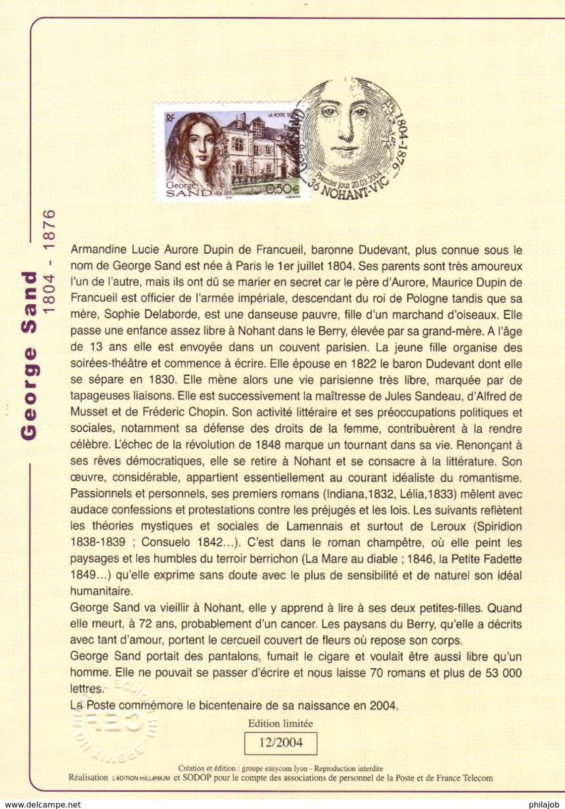 " GEORGE SAND " Sur Encart 1er Jour De 2004 N° YT 3645. Voir Les 2 Scans. - Schriftsteller