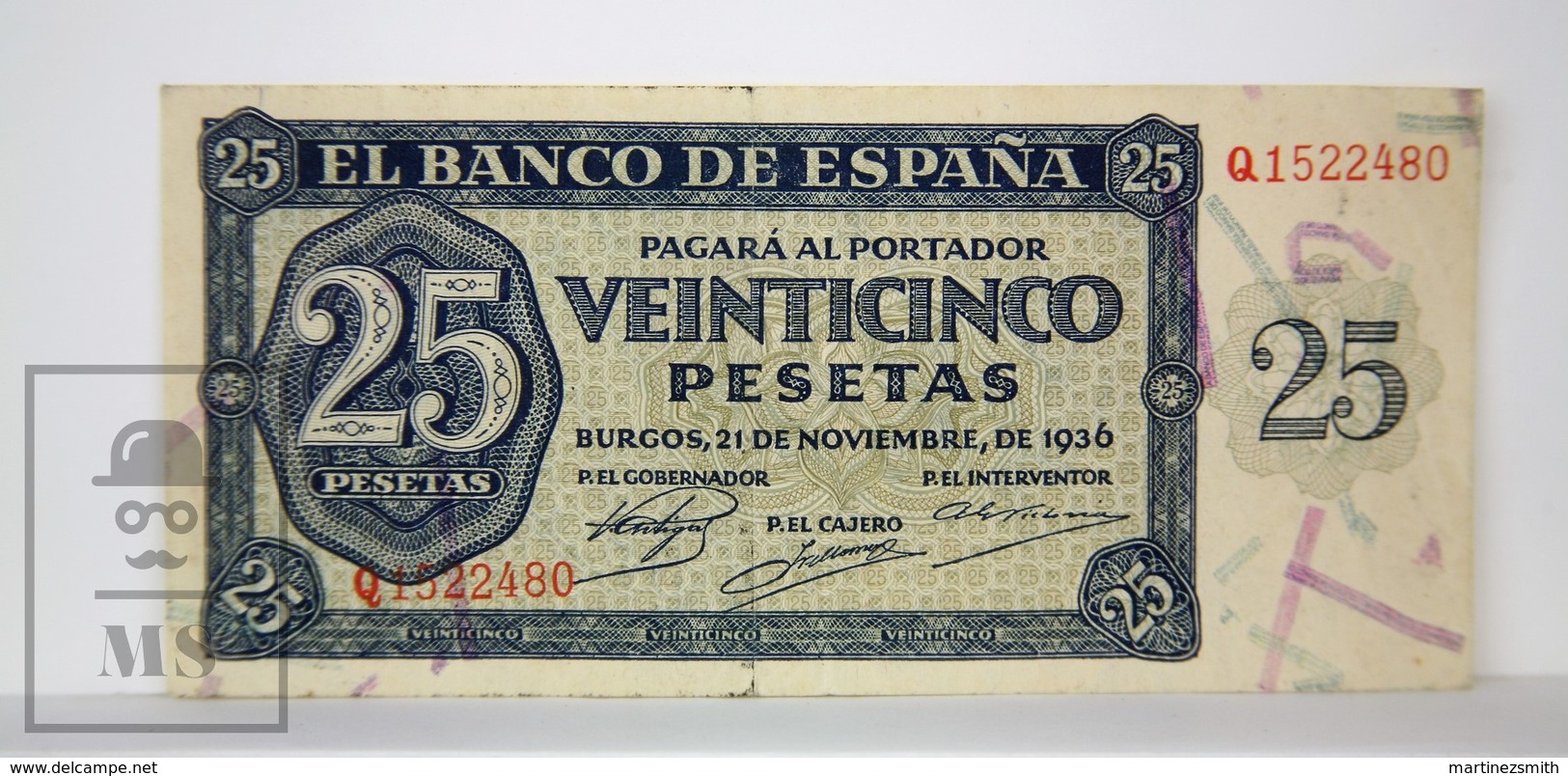 Spain/ España 25 Pesetas/ Ptas Spanish Banknote - Issued 1936, A Series - EF Quality - 25 Pesetas