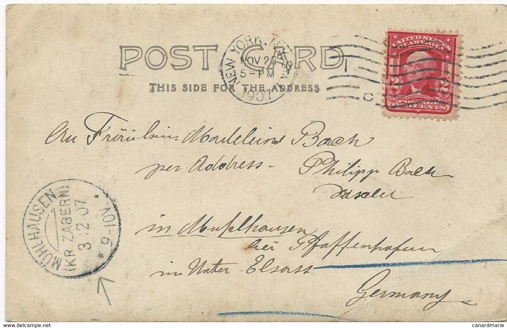 CARTE POSTALE DES USA 1901 AVEC CACHET D'ARRIVEE ALLEMAND MÜLHAUSEN (KR ZABERN) - Covers & Documents