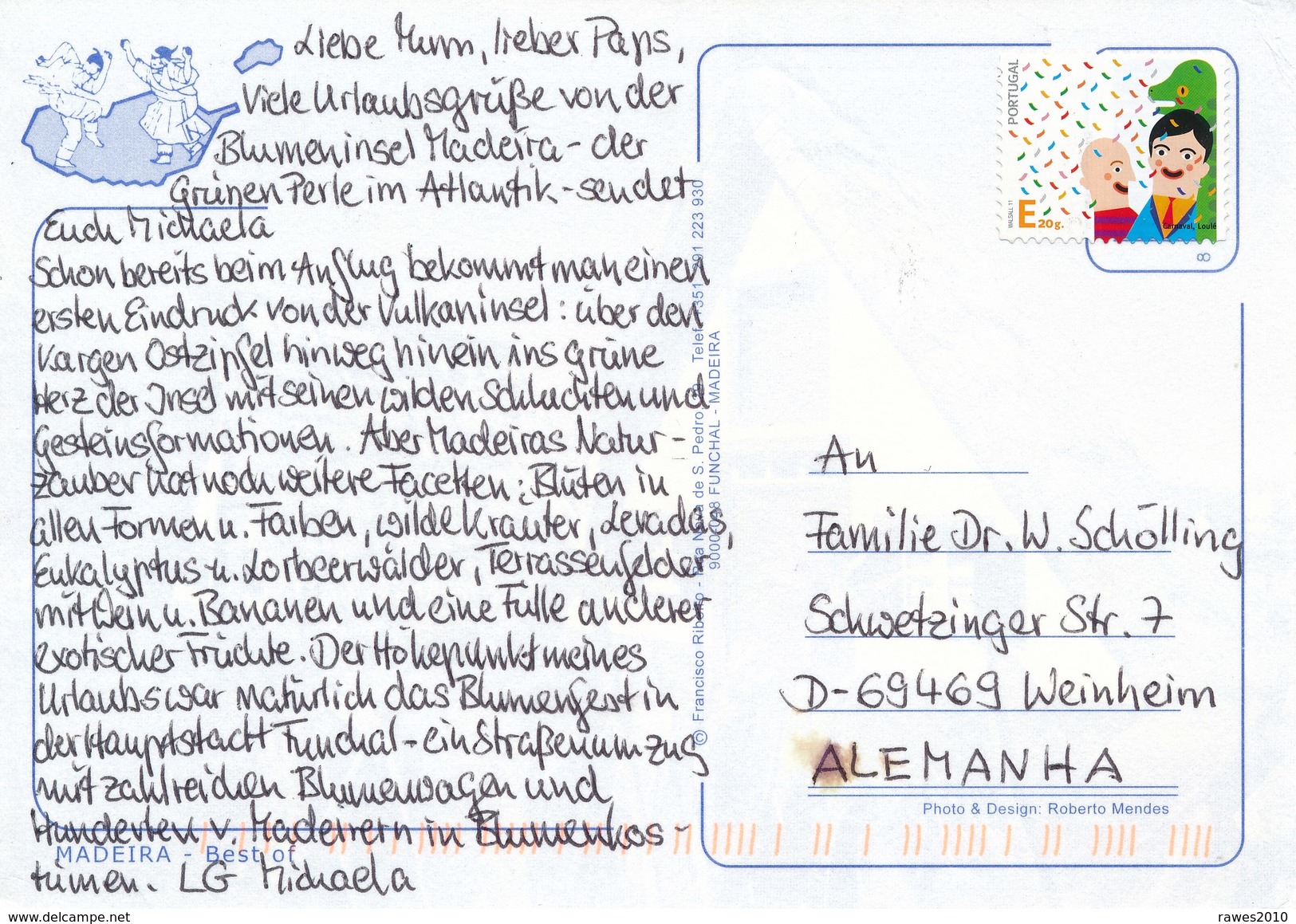 Portugal 2011 E 20 Gr. Karneval Loula Postkarte Nach Deutschland - Covers & Documents