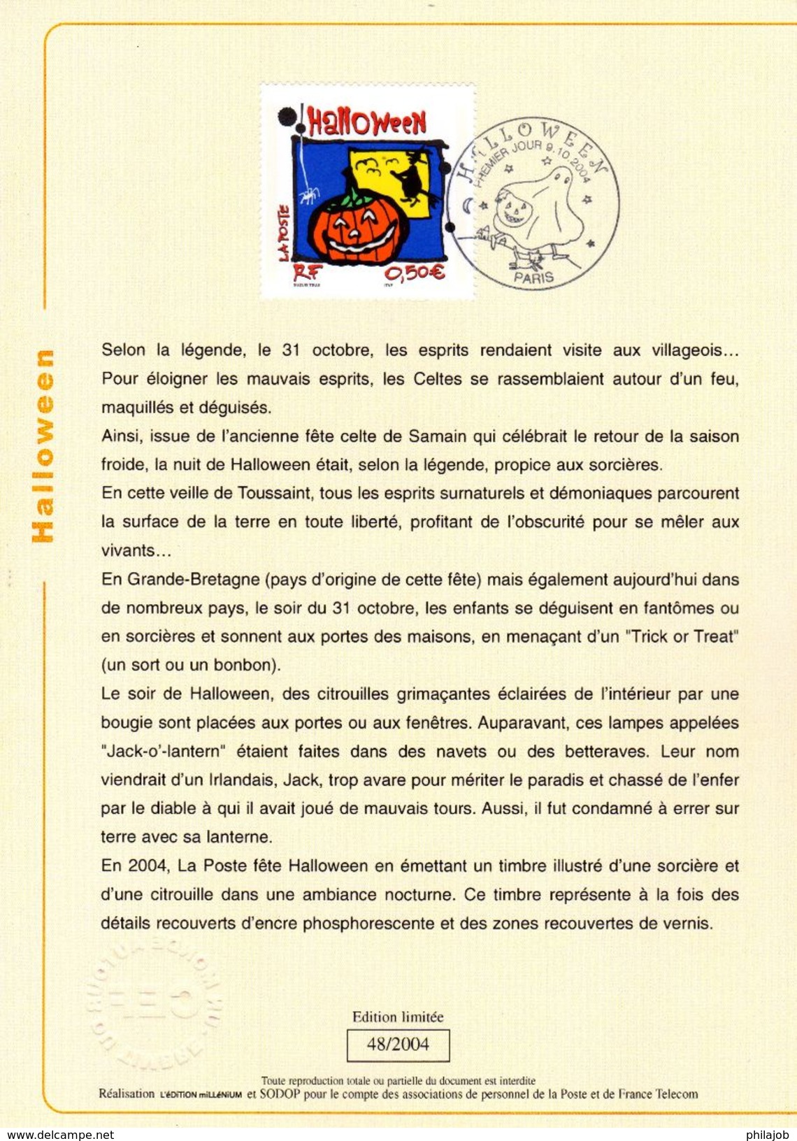 &#127875; " HALLOWEEN  " Sur Encart 1er Jour De 2004  N° YT 3713. Voir Les 2 Scans. FDC - Documents De La Poste