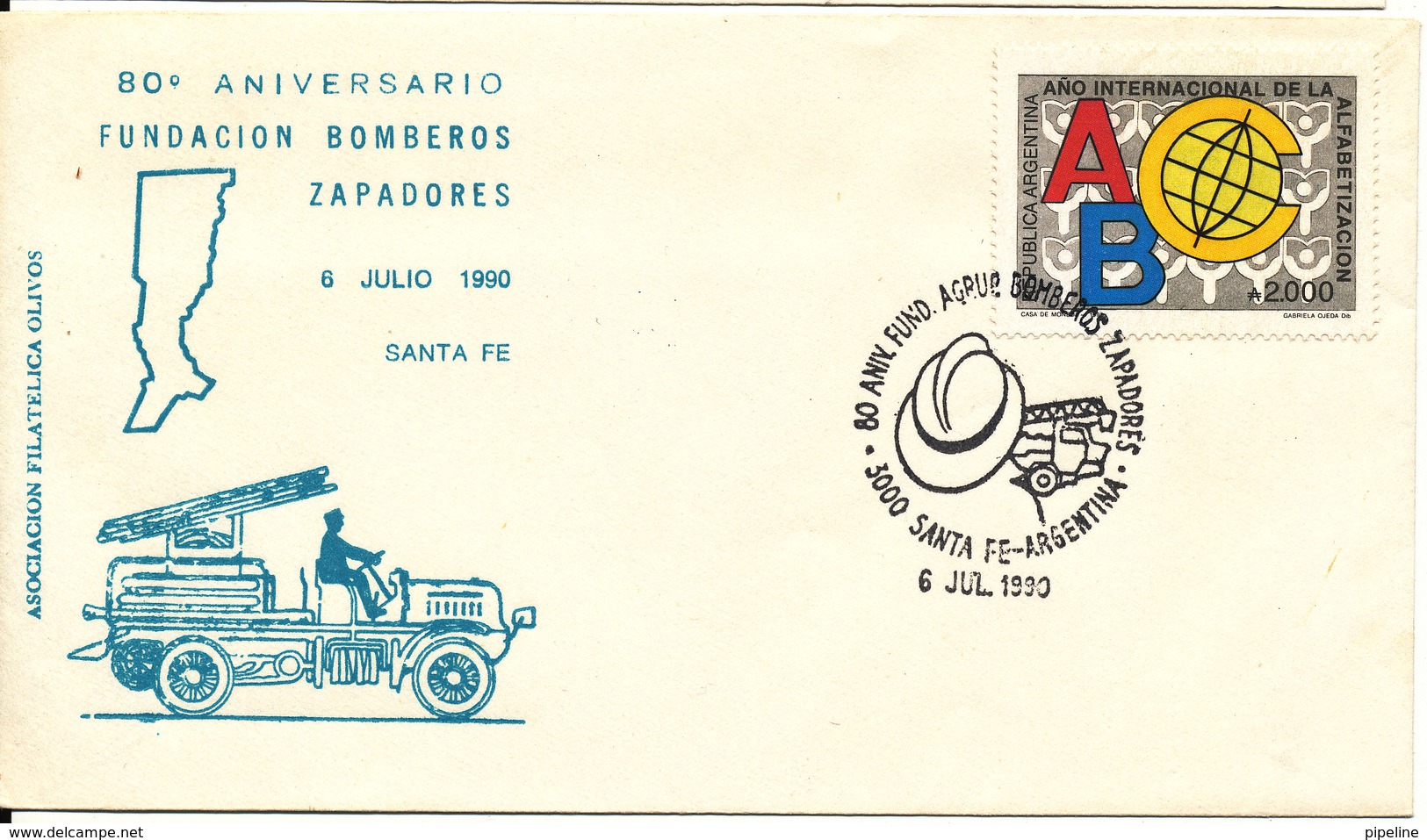 Argentina Cover Santa Fe 6-7-1990 80 Años De Los Bomberos Y Zapadores Santa Fe With Special Cachet And Postmark - Usados