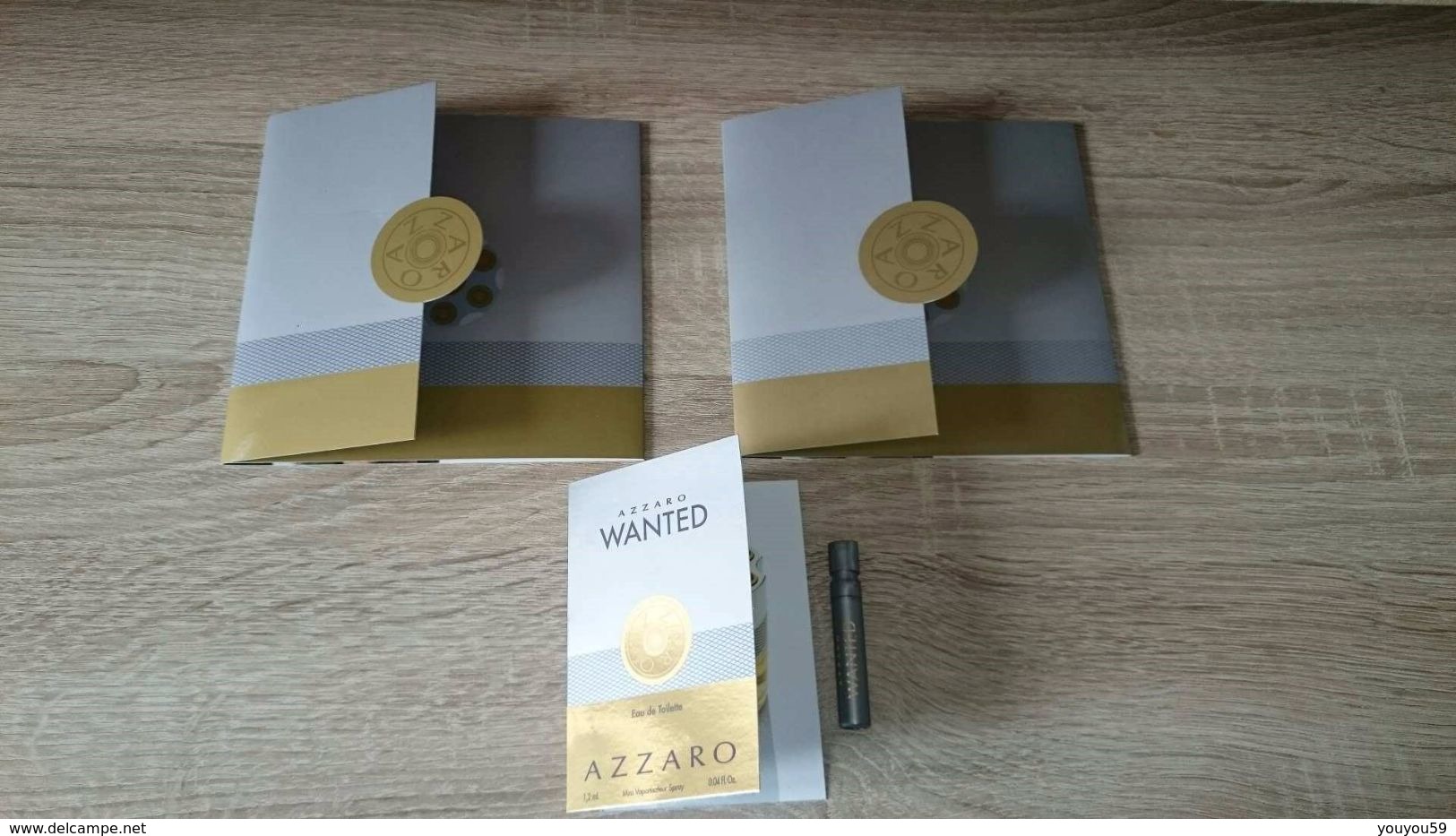 LOT DE 2 PUBLICITES CARTES DU PARFUM AZZARO WANTED + 1 ECHANTILLON TUBES SUR CARTE > VIDE = UTILISÉ - Perfume Samples (testers)