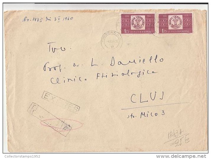 5910FM- FIRST ROMANIAN STAMP CENTENARY, BULL'S HEAD, STAMPS ON REGISTERED COVER, 1960, ROMANIA - Briefe U. Dokumente