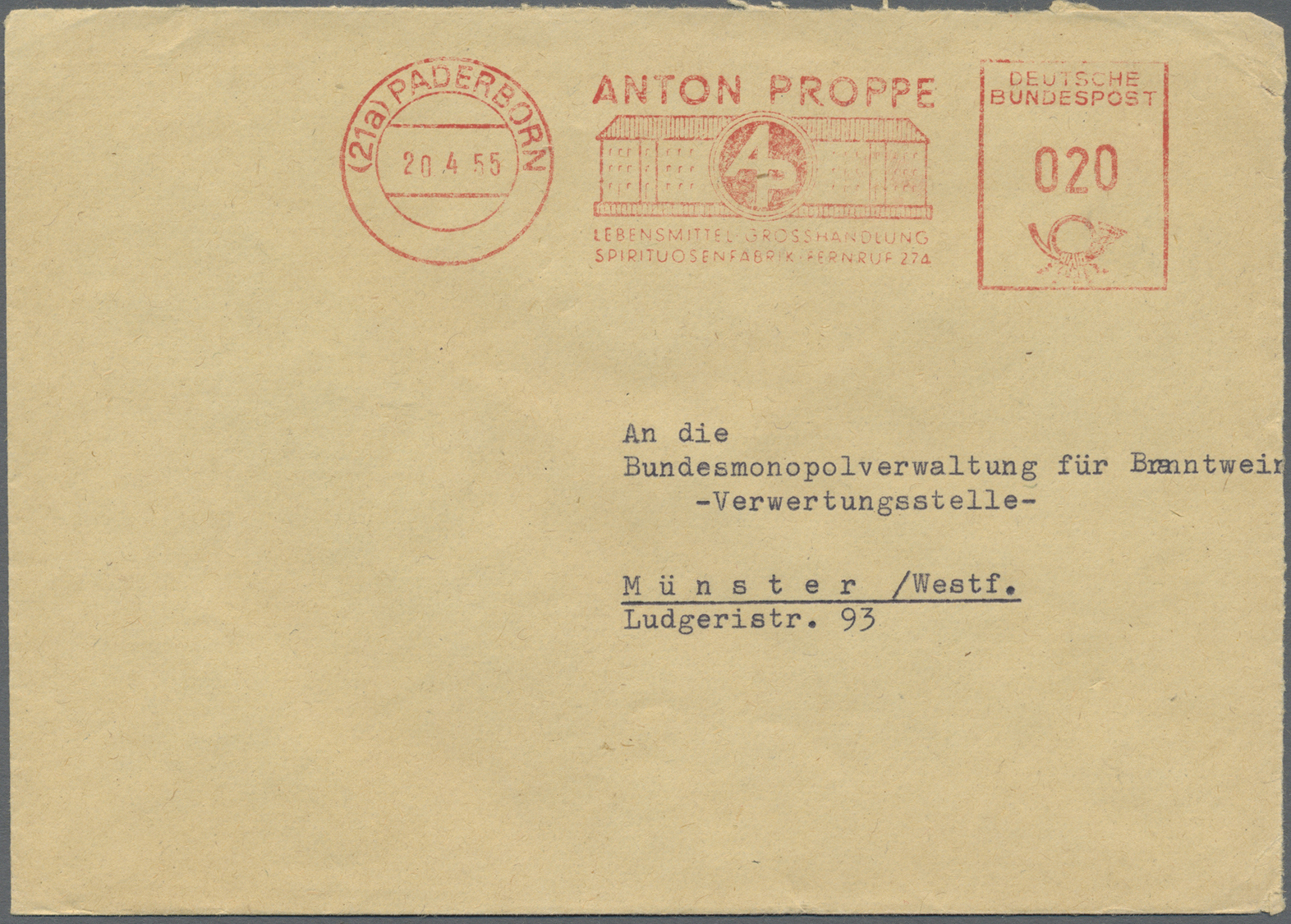 Br Thematik: Alkohol / Alcohol: 1952/1955, 5 Firmen-Belege Teils Mit Vordruck , Alle Gebr. Mit Rotem Firmenfreistempel,  - Wines & Alcohols