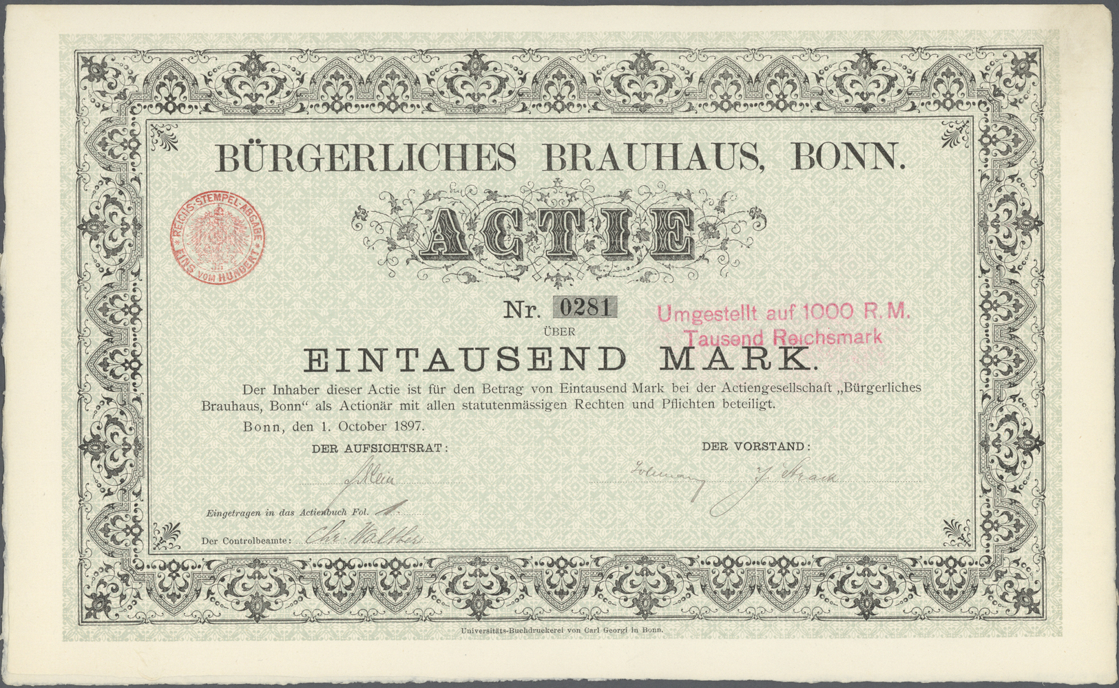 Thematik: Alkohol-Bier / Alcohol-beer: 1897: DEUTSCHLAND, Bürgerliches Brauhaus, Bonn 1897, GRÜNDER-Aktie 1000 M. Dekora - Other & Unclassified