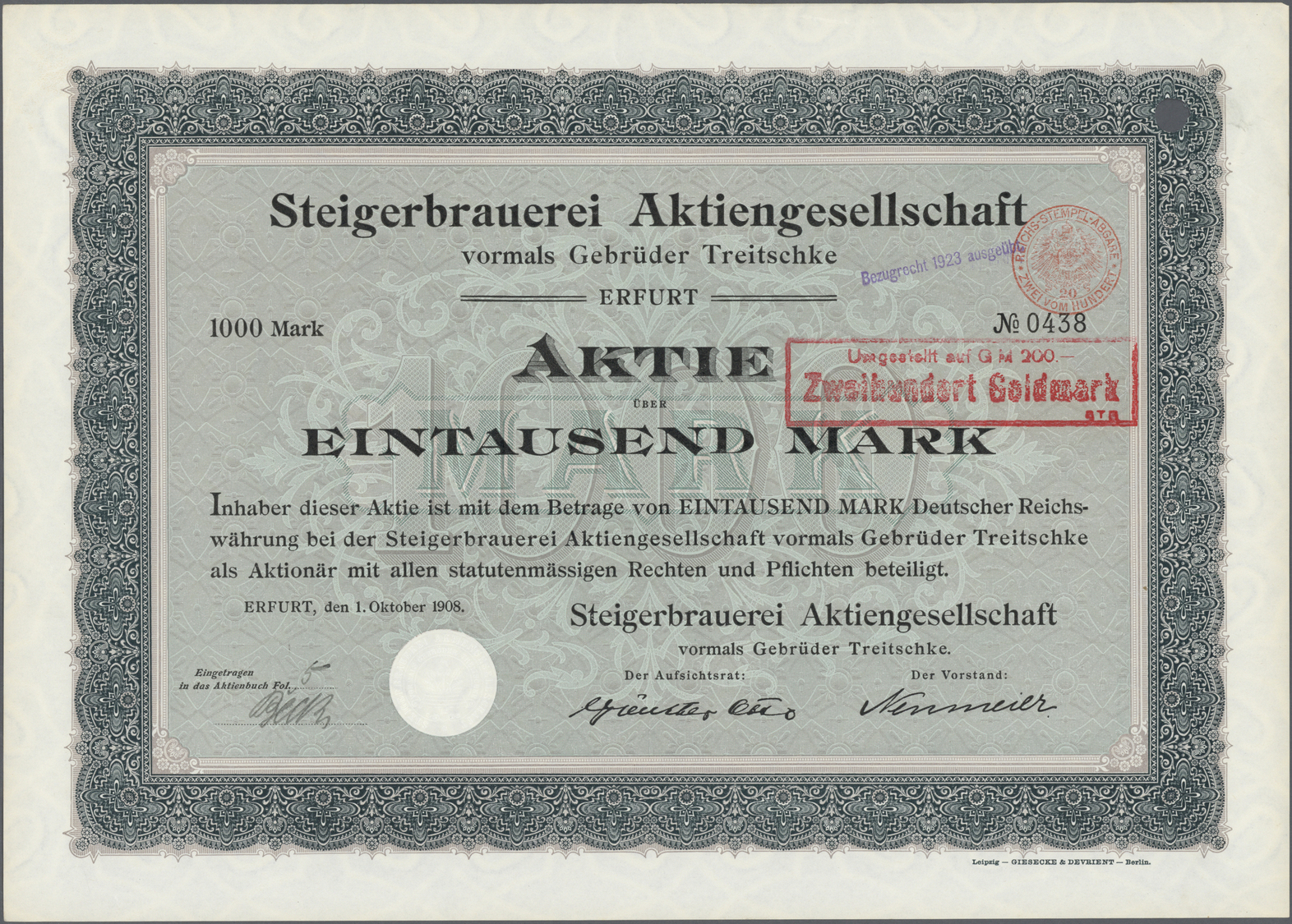 Thematik: Alkohol-Bier / Alcohol-beer: 1908: DEUTSCHLAND, Steigerbrauerei AG Vorm. Gebrüder Treitschke, Erfurt 1908, GRÜ - Altri & Non Classificati