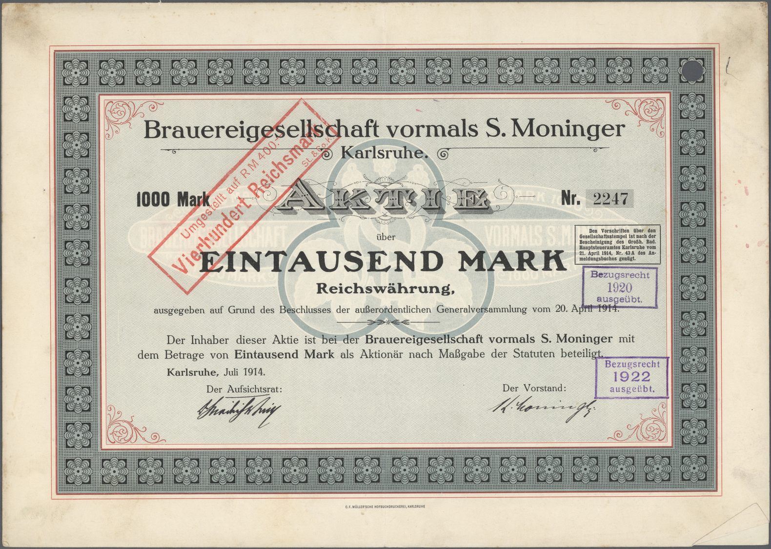 Thematik: Alkohol-Bier / Alcohol-beer: 1914: DEUTSCHLAND, Brauereigesellschaft Vormals S. Moninger, Karlsruhe 1914, Akti - Other & Unclassified