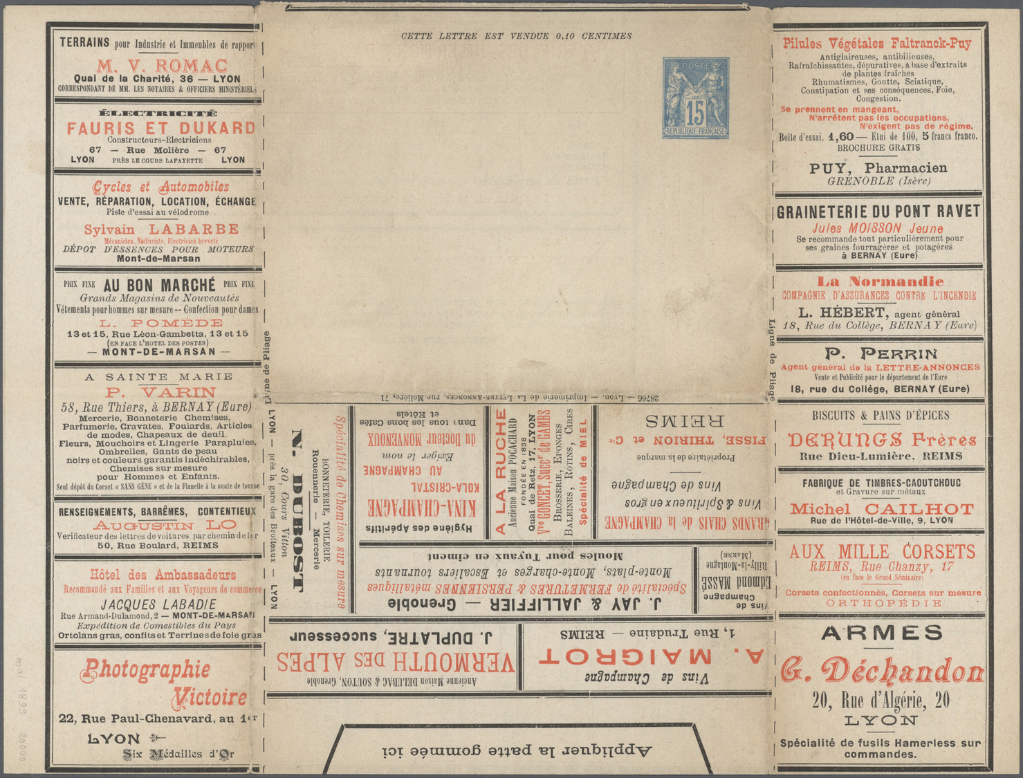 GA Thematik: Anzeigenganzsachen / Advertising Postal Stationery: 1899, France. Lettre Annonces Lyon (S. Mai 1899), Tsc,  - Non Classificati