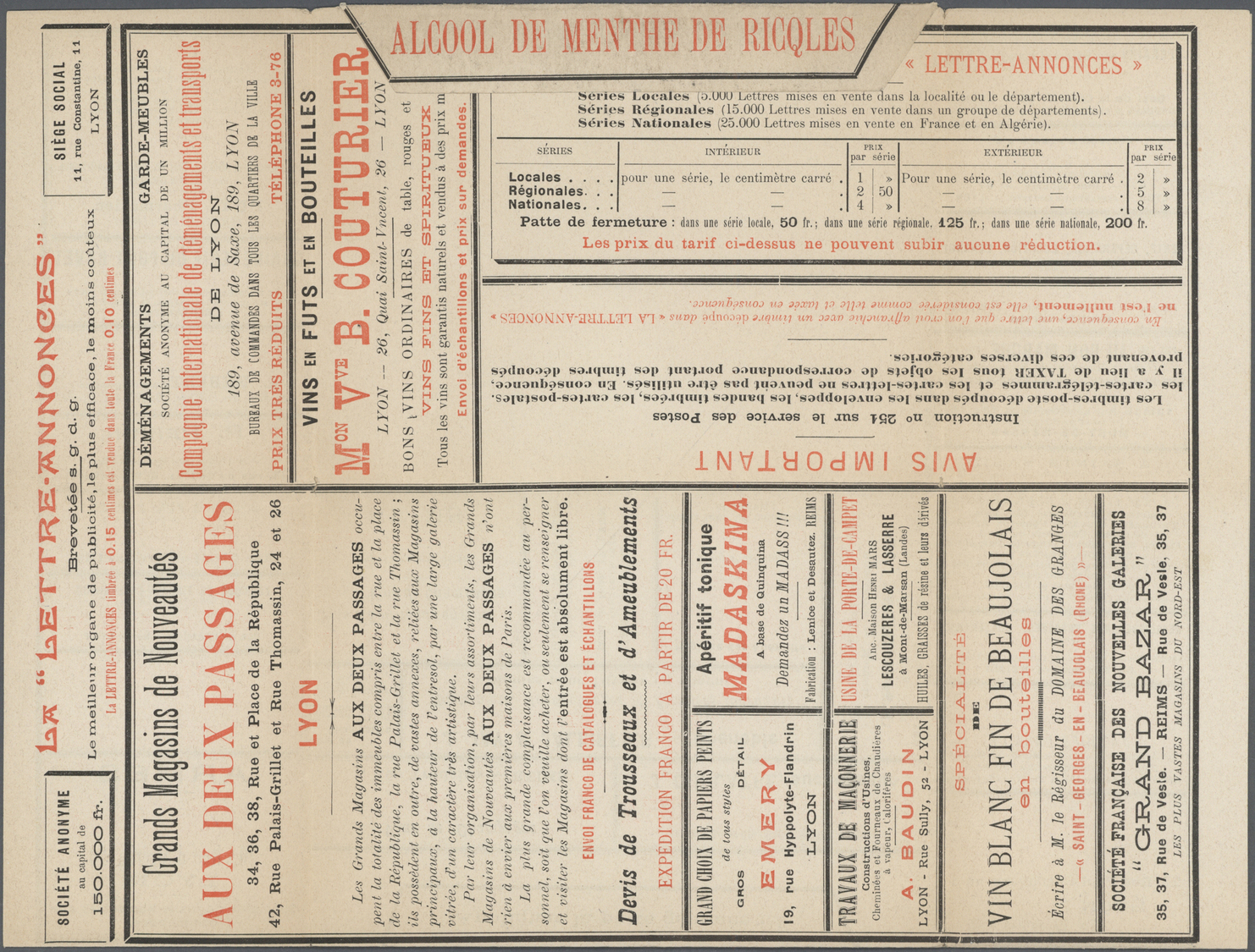 GA Thematik: Anzeigenganzsachen / Advertising Postal Stationery: 1899, France. Lettre Annonces Lyon (S. Mai 1899), Tsc,  - Non Classificati