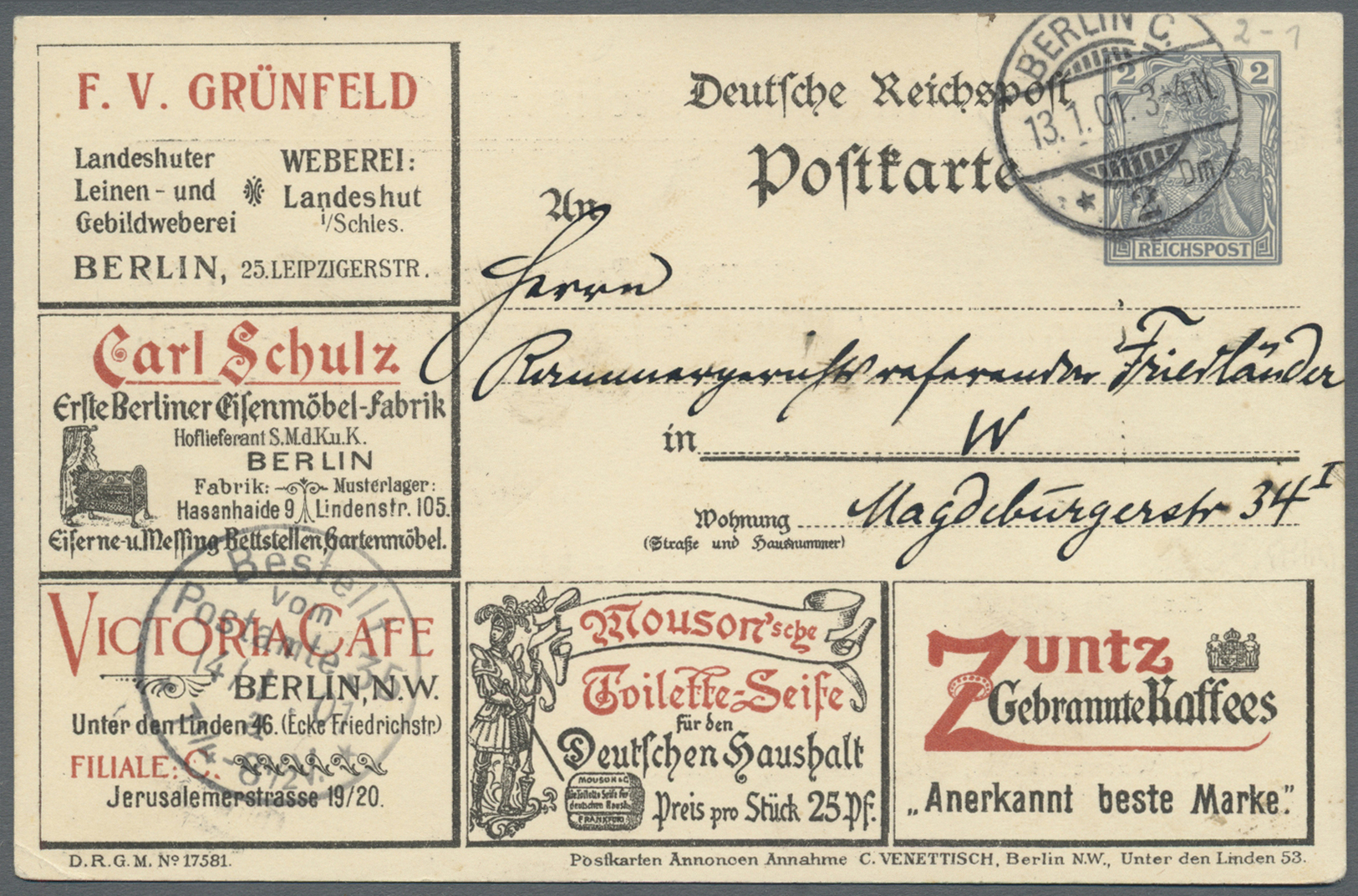 GA Thematik: Anzeigenganzsachen / Advertising Postal Stationery: 1901, Dt. Reich. Anzeigen-Privat-Postkarte 2 Pf Reichsp - Non Classés