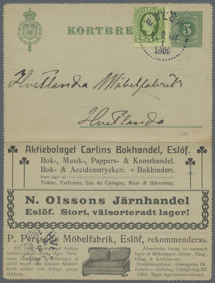 GA Thematik: Anzeigenganzsachen / Advertising Postal Stationery: 1906, Schweden. Anzeigen-Kartenbrief 5 Öre Grün Ziffer  - Non Classés