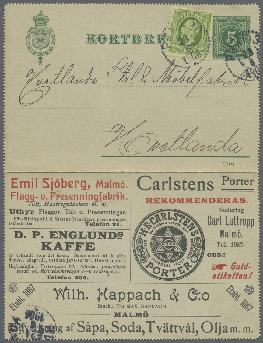 GA Thematik: Anzeigenganzsachen / Advertising Postal Stationery: 1906, Schweden. Anzeigen-Kartenbrief 5 Öre Grün Ziffer  - Non Classés