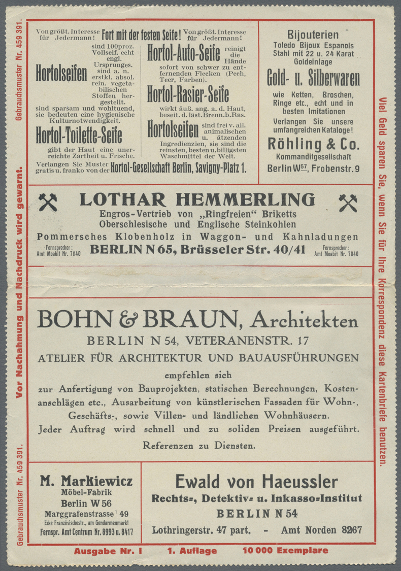 GA Thematik: Anzeigenganzsachen / Advertising Postal Stationery: 1913, Dt. Reich. Privat-Anzeigen-Kartenbrief 5 Pf Germa - Non Classificati
