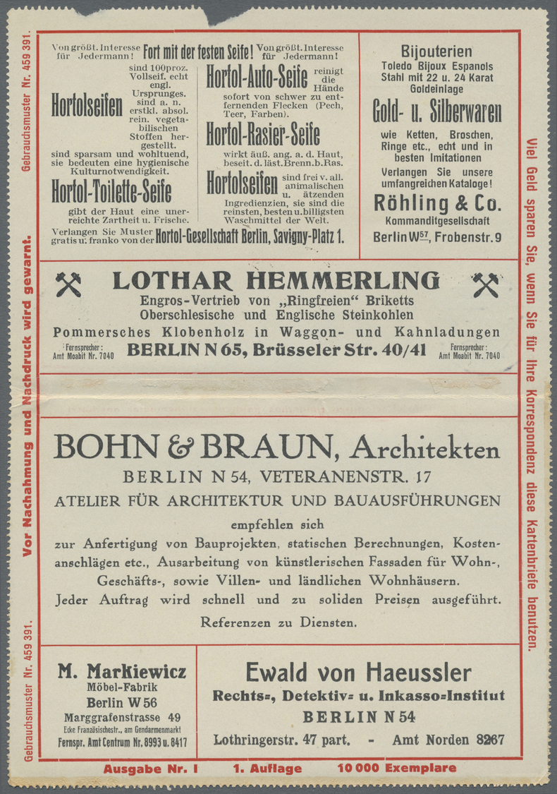 GA Thematik: Anzeigenganzsachen / Advertising Postal Stationery: 1913, Dt. Reich. Privat-Anzeigen-Kartenbrief 5 Pf Germa - Non Classés