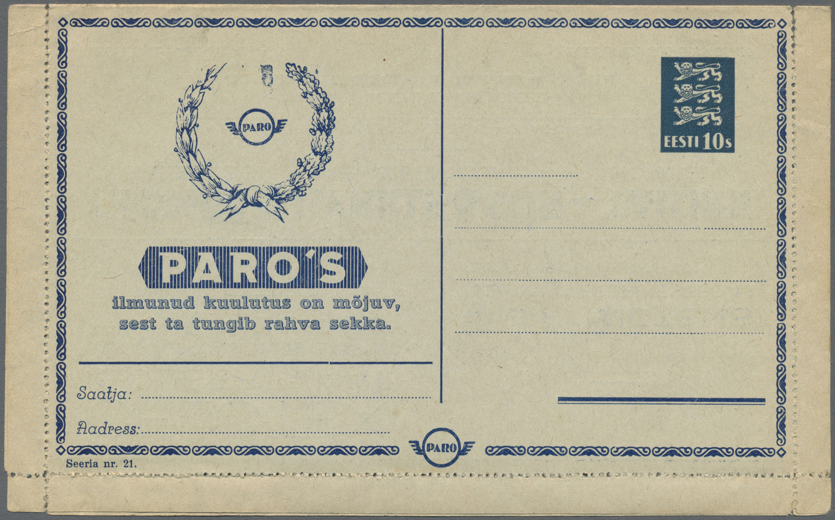 GA Thematik: Anzeigenganzsachen / Advertising Postal Stationery: 1937, Estland, Letter Card 10s. Blue With Private Adver - Unclassified