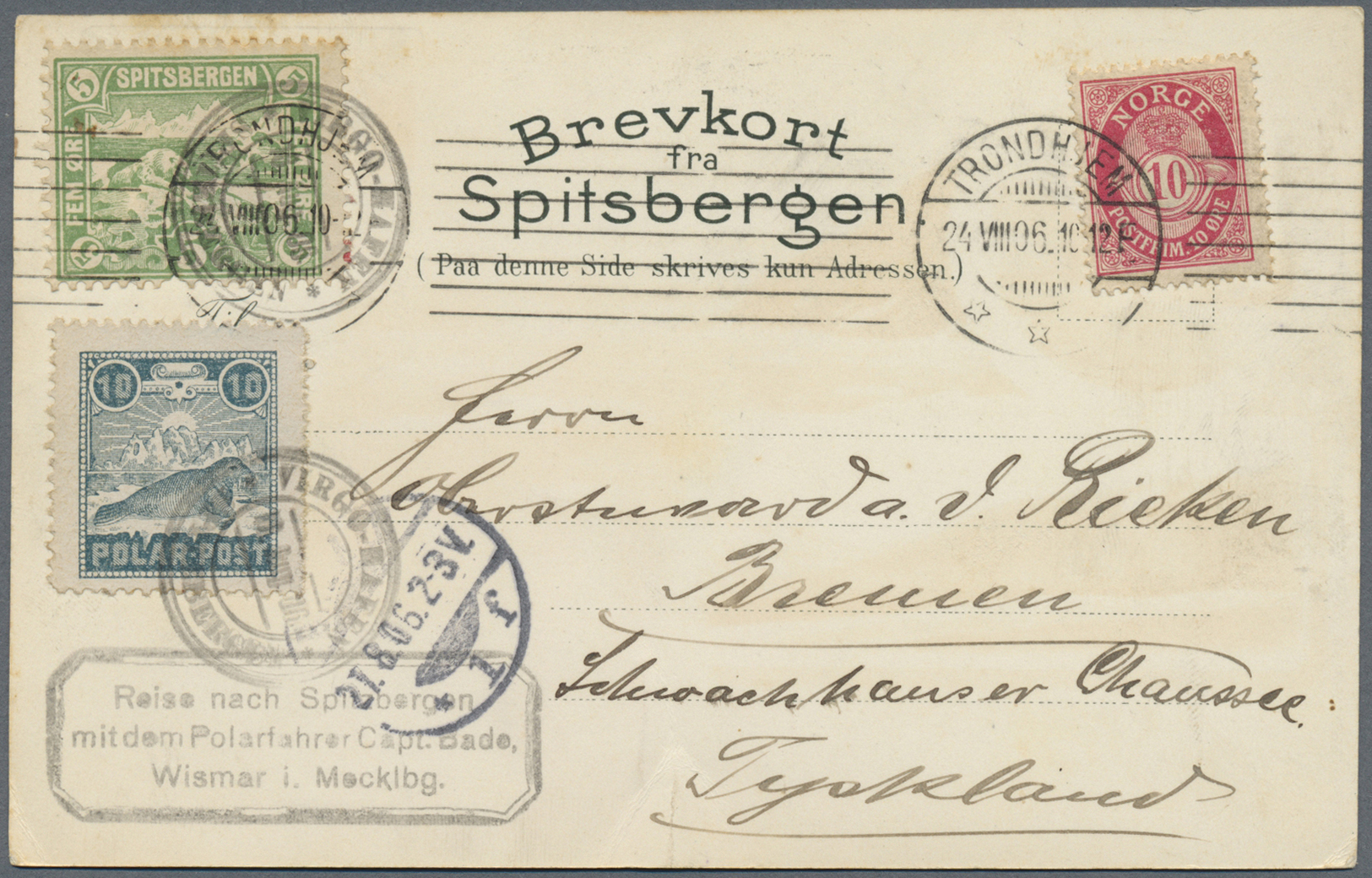 Thematik: Arktis / Arctic: 1906, SPITSBERGEN 24.VIII., Two Different Vignettes (5ö. Green "Spitsbergen" And "Polar-Post" - Other & Unclassified