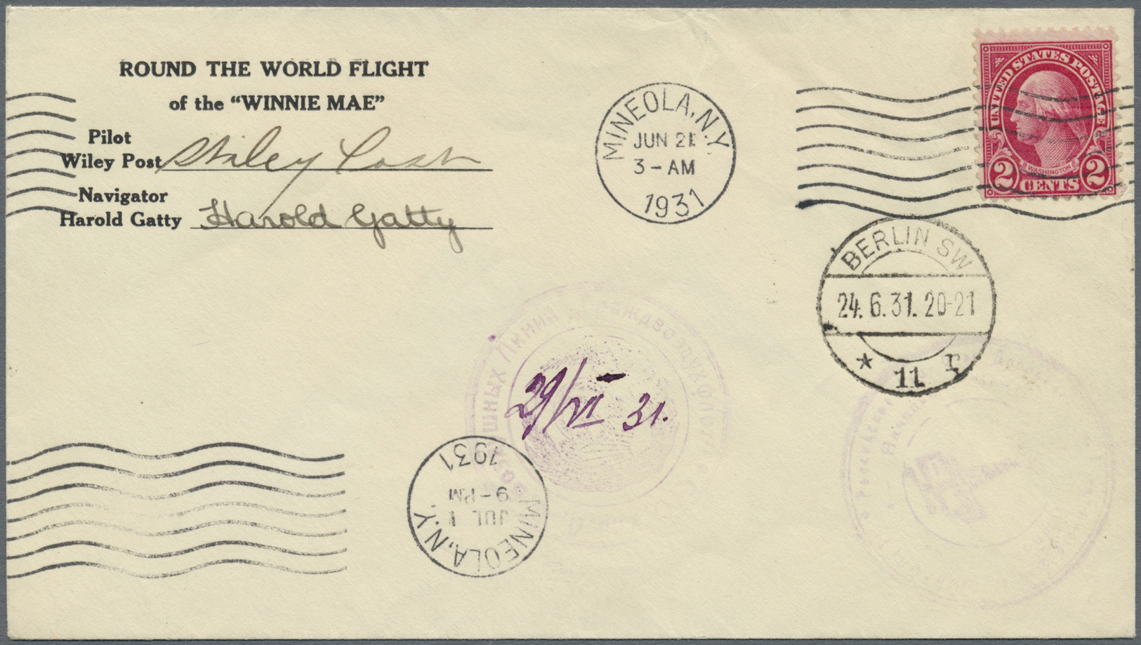 Br Thematik: Arktis / Arctic: 1931, 21,6, Round The World Flight By Post And Gatty, U.S. 2c Washington Tied By Wavy "MIN - Other & Unclassified