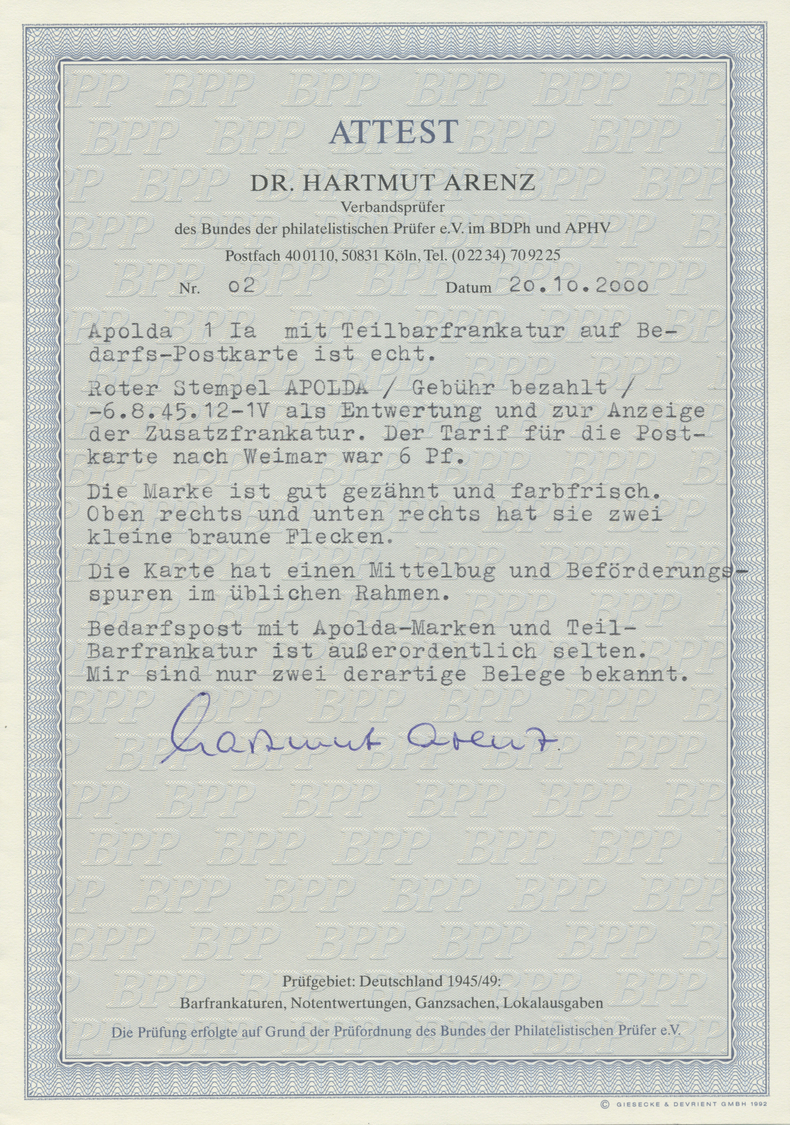 Br Deutsche Lokalausgaben Ab 1945: 1945, APOLDA, Bedarfskarte 5 Pfg. Baumstumpf Entwertet Durch Roten O - Altri & Non Classificati