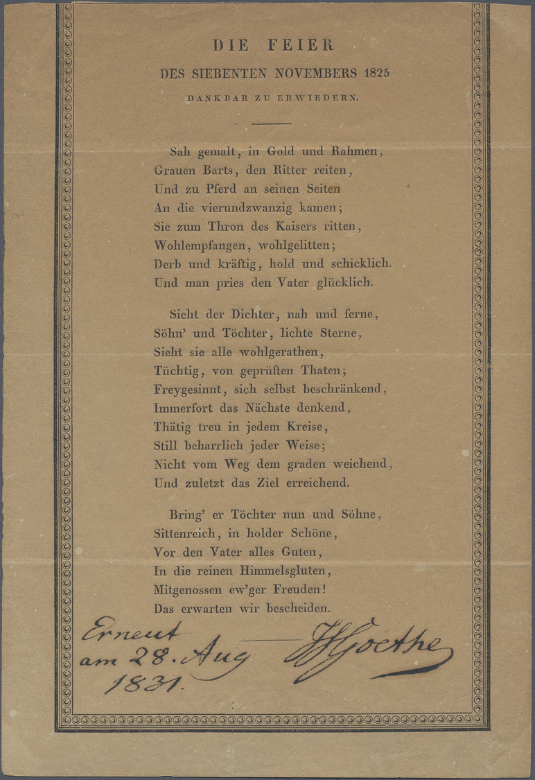 Br Thematik: Druck-Literatur / Printing-literature: 1831, GOEHTE, Johann W. Von (1749-1832): Gedicht "Die Feier Des Sieb - Non Classés