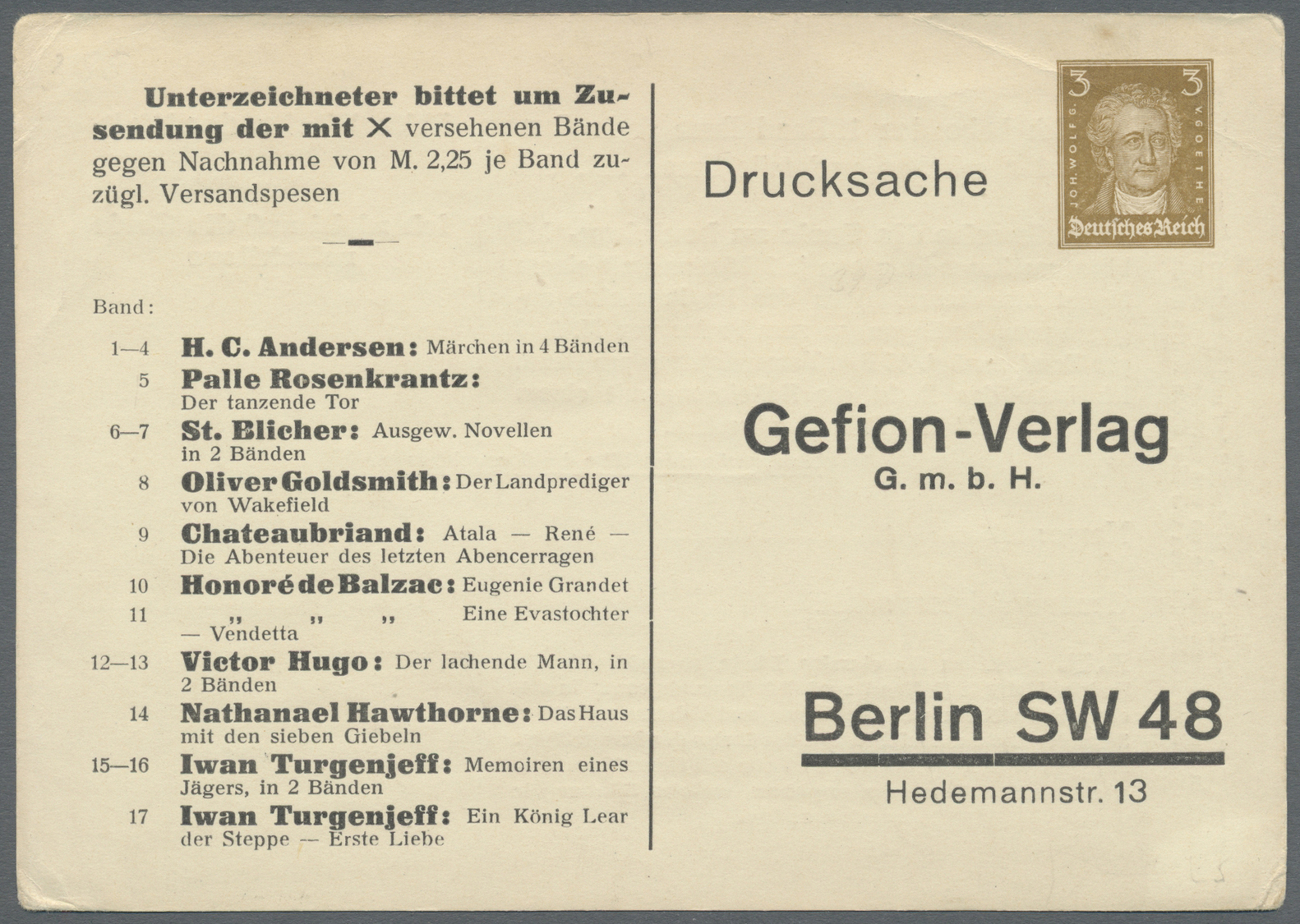 GA Thematik: Druck-Literatur / Printing-literature: 1927 (ca), Dt. Reich. Privat-Postkarte 3 Pf Goethe "Gefion-Verlag, B - Unclassified