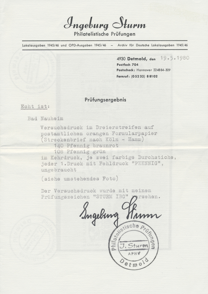 * Deutsche Lokalausgaben Ab 1945: Bad Nauheim: Probedruck 108 Pfennig Grün Und 140 Pfennig Rot, Im Keh - Altri & Non Classificati