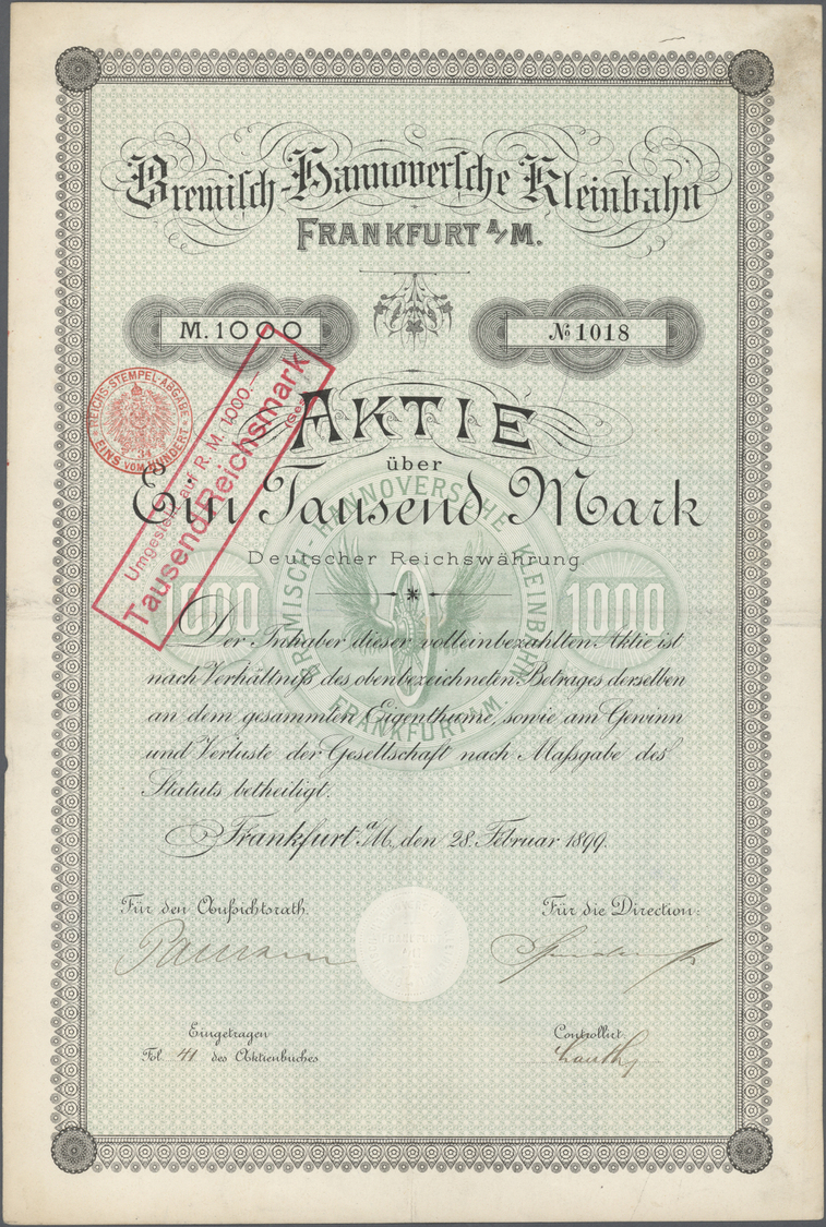 Thematik: Eisenbahn / Railway: 1899: DEUTSCHLAND, Bremisch-Hannoversche Kleinbahn, Frankfurt/Main 1899, Aktie über 1000 - Trains